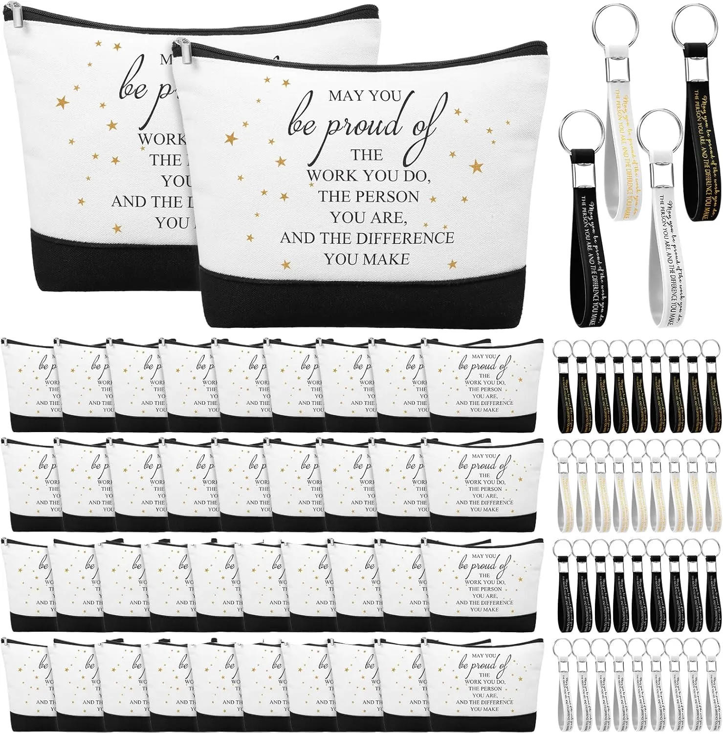 Sanwuta 80 Pcs Inspirational Canvas Makeup Bags Keychains Set Graduation Gifts Teacher Appreciation Gifts Bulk for Employees Women (Be Proud Sign)