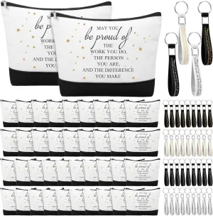 Sanwuta 80 Pcs Inspirational Canvas Makeup Bags Keychains Set Graduation Gifts Teacher Appreciation Gifts Bulk for Employees Women (Be Proud Sign)