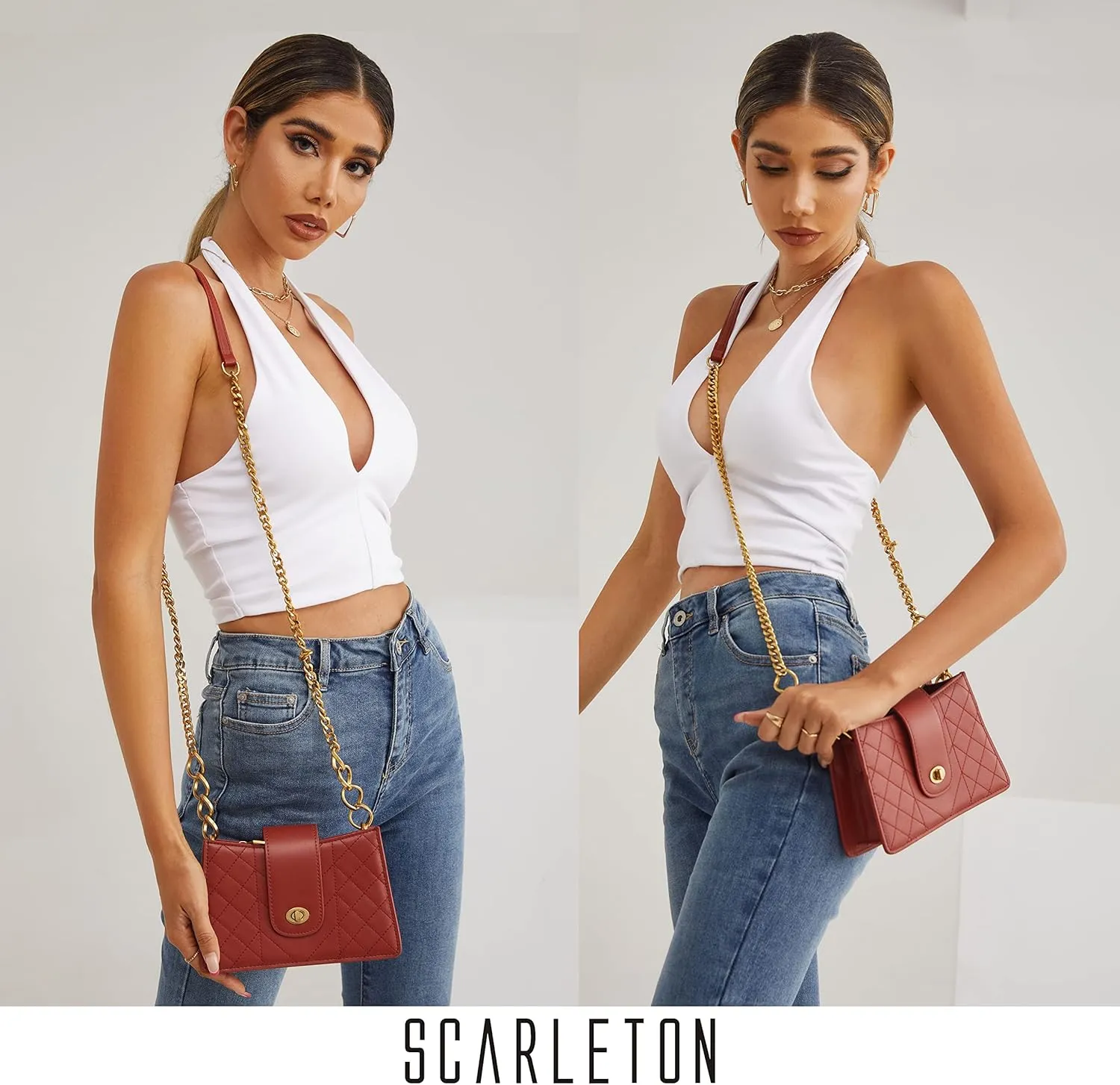 Scarleton Crossbody Bags for Women, Quilted Shoulder Bag Purse, Gold Chain Crossbody Bag Purses for Women, H2117