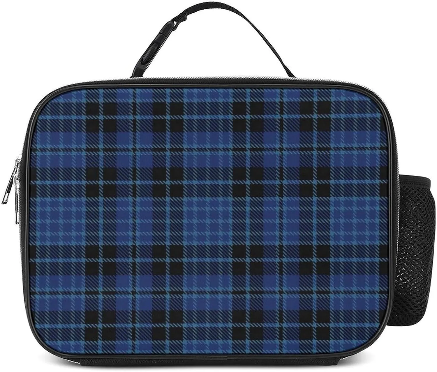Scottish Clergy Blue Black White Tartan Detachable Polyester Lunch Bag, Large Capacity Lunch Bag