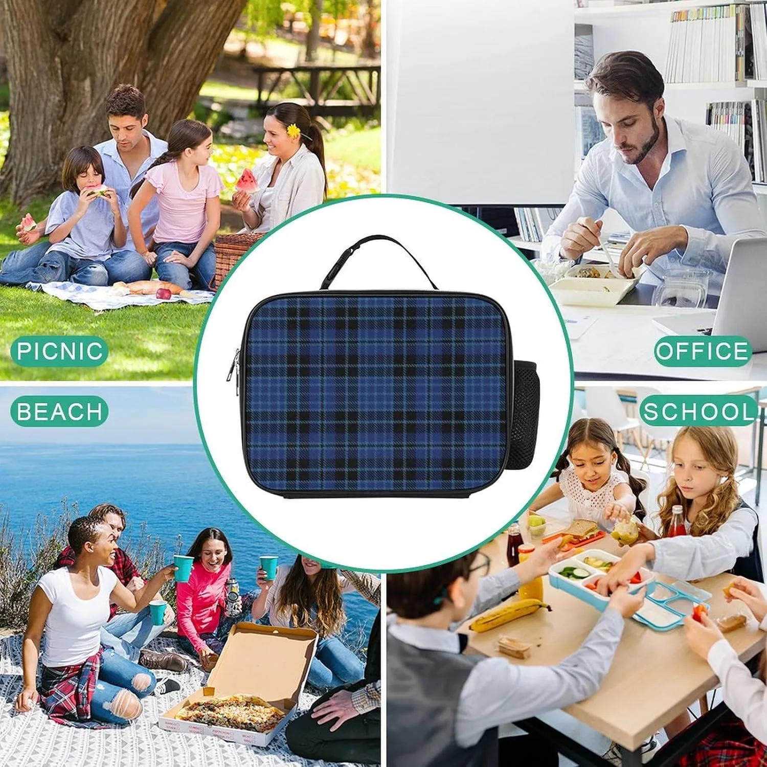 Scottish Clergy Blue Black White Tartan Detachable Polyester Lunch Bag, Large Capacity Lunch Bag