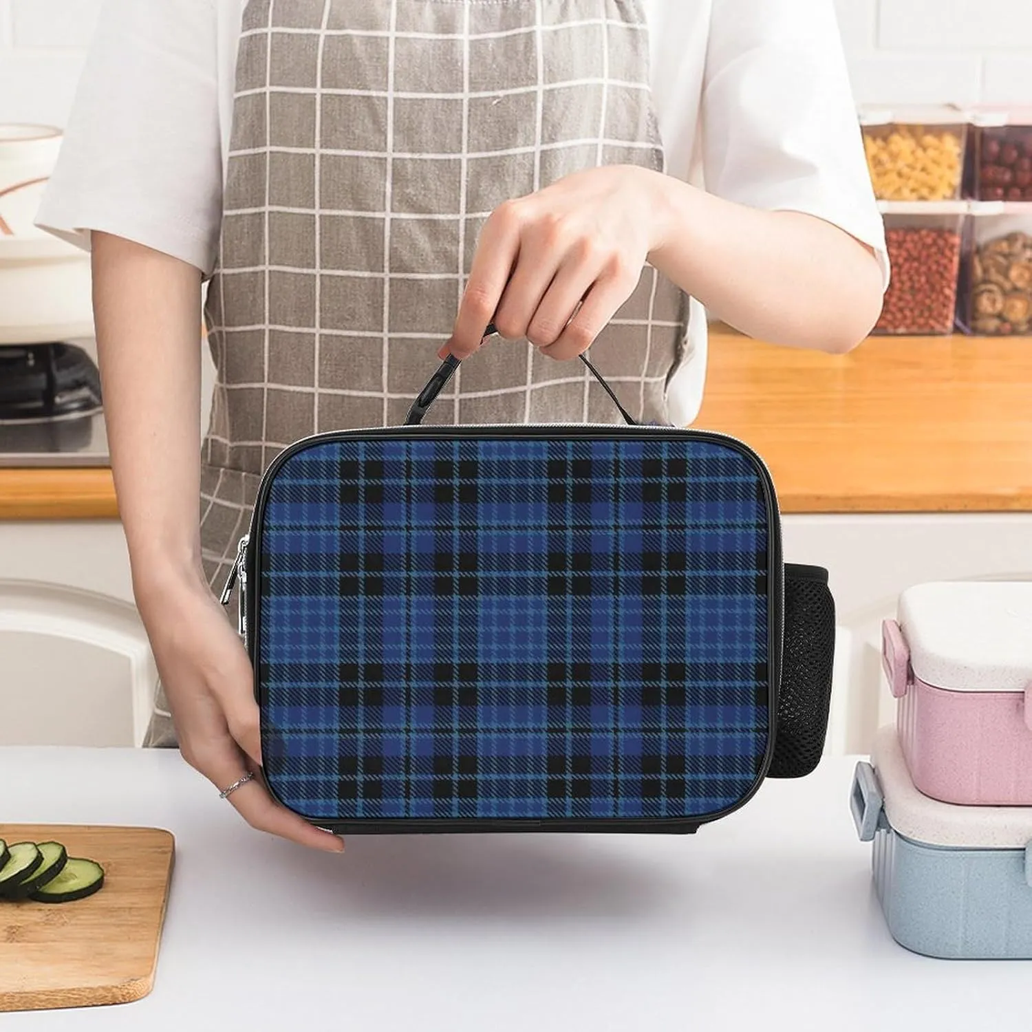 Scottish Clergy Blue Black White Tartan Detachable Polyester Lunch Bag, Large Capacity Lunch Bag