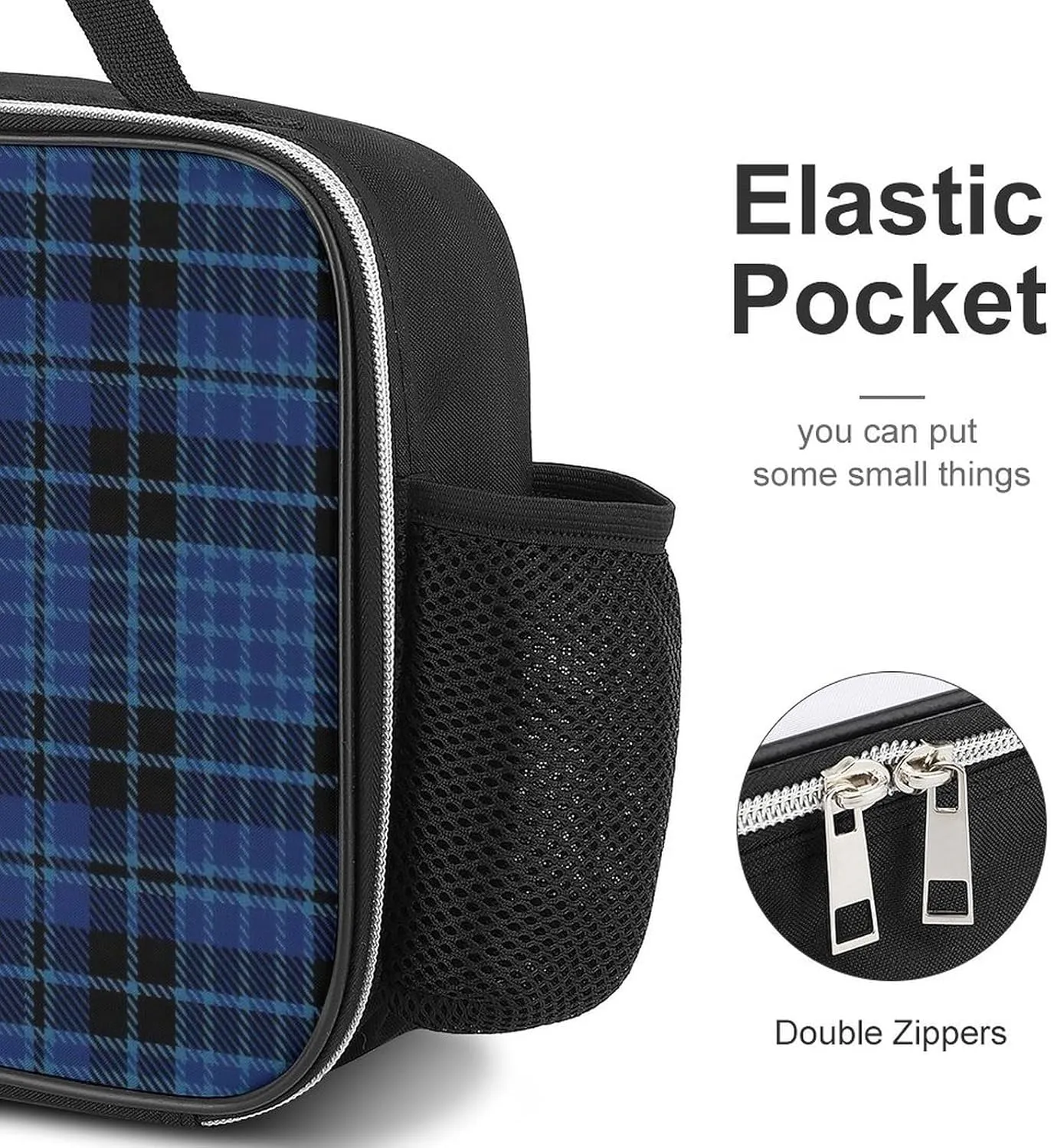 Scottish Clergy Blue Black White Tartan Detachable Polyester Lunch Bag, Large Capacity Lunch Bag