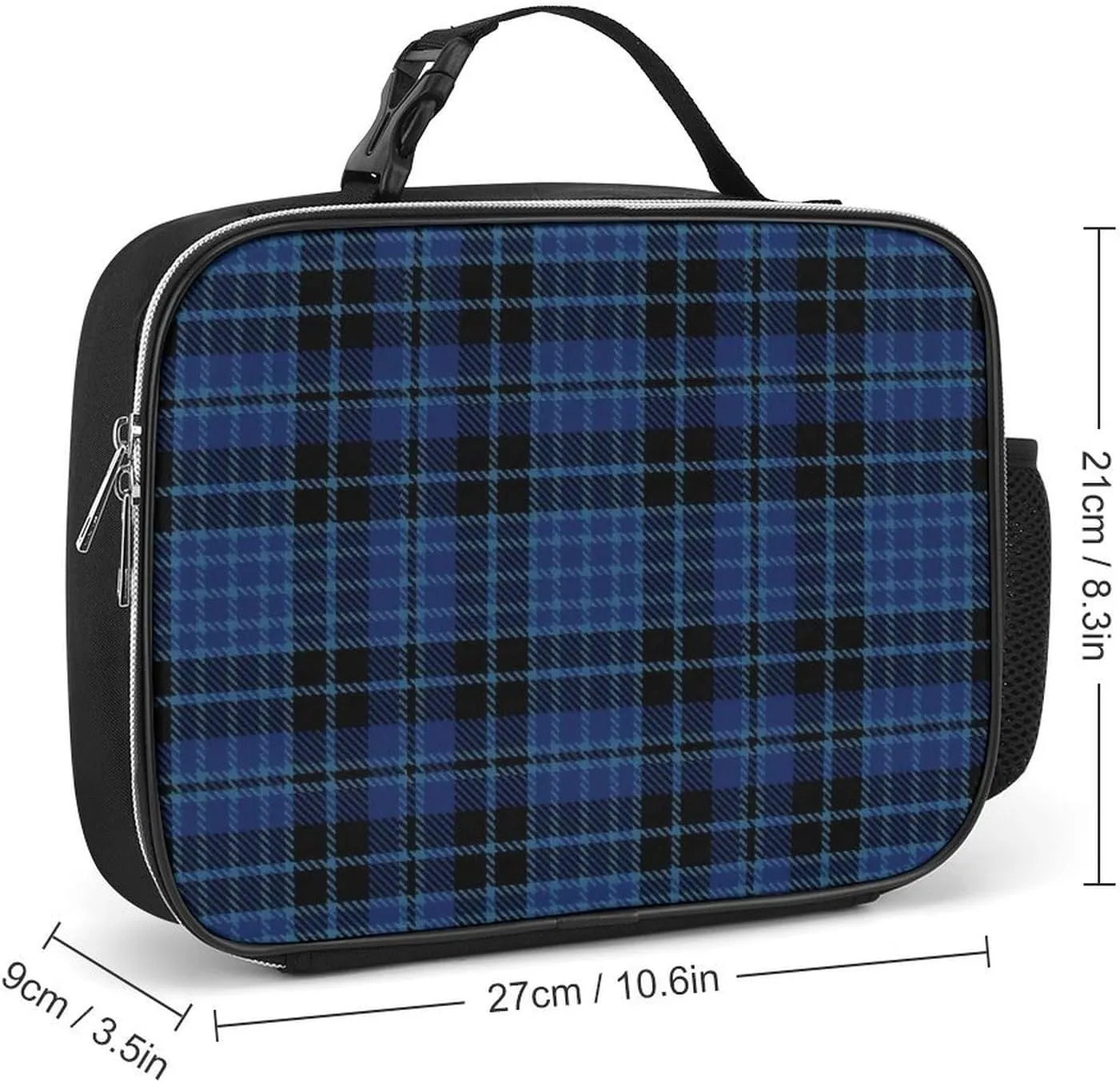 Scottish Clergy Blue Black White Tartan Detachable Polyester Lunch Bag, Large Capacity Lunch Bag
