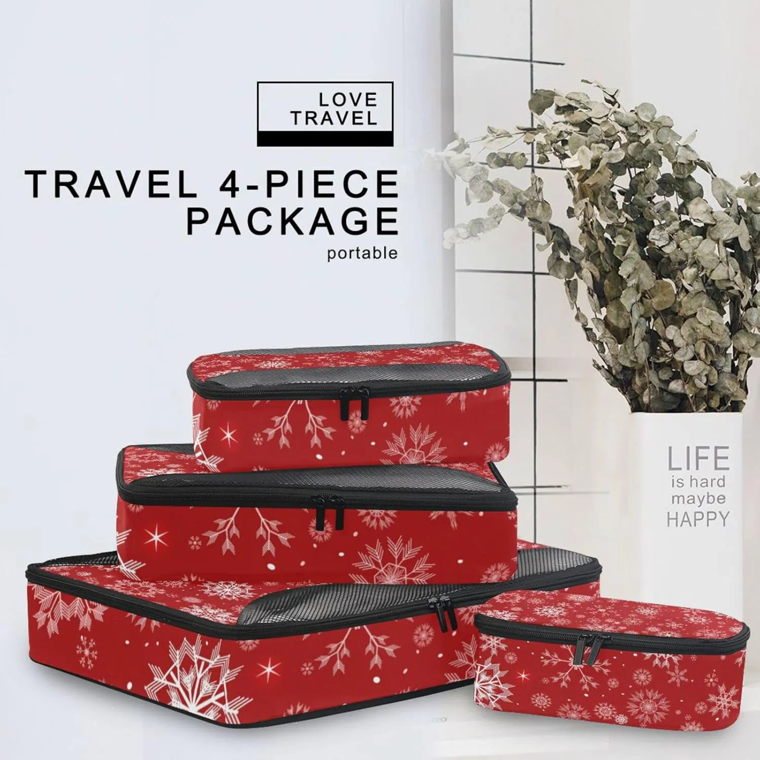 Seamless Christmas and New Year Festive White Snowflakes on Red 4 Set Packing Cubes, Travel Packing Organizers, 600D Oxford Cloth Toiletry Storage Bag, Luggage Mesh Bags for Accessories