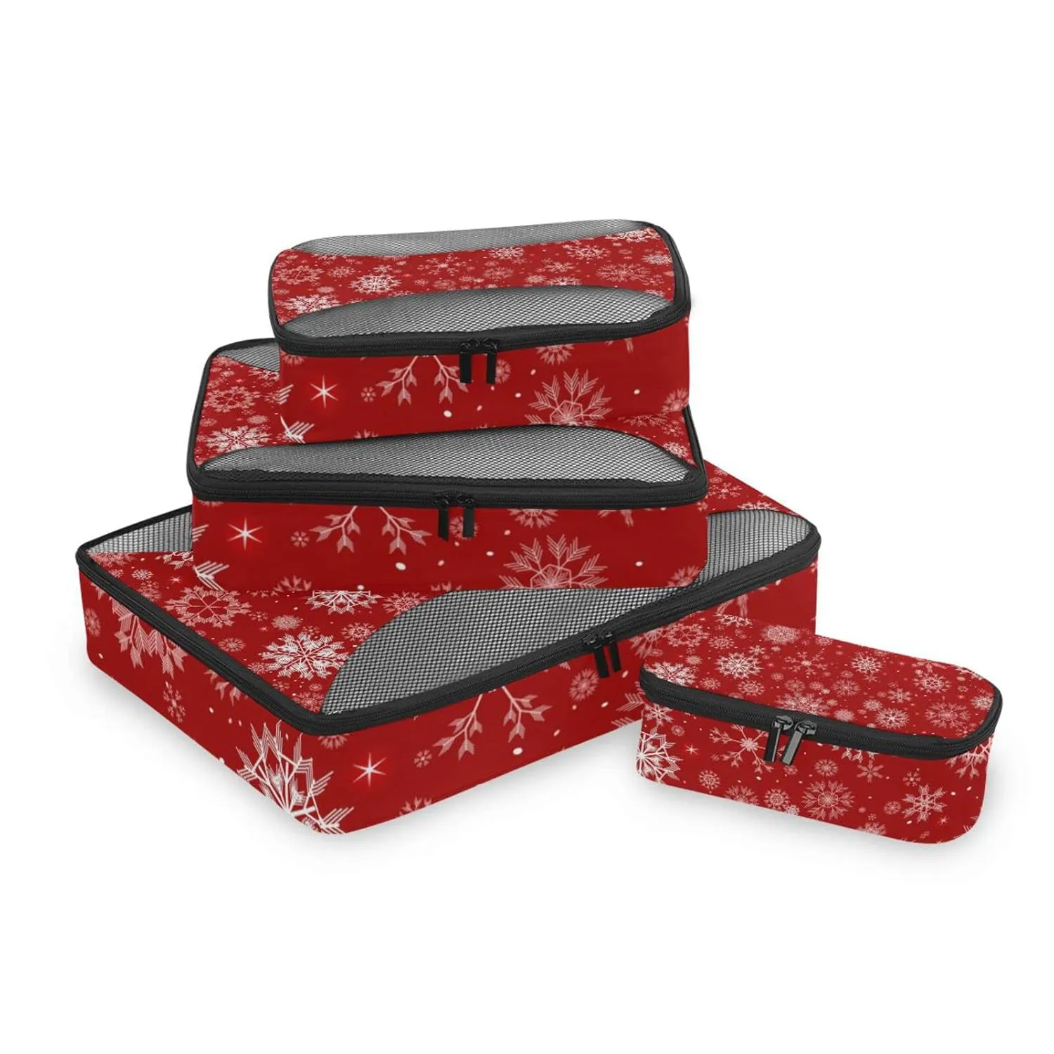 Seamless Christmas and New Year Festive White Snowflakes on Red 4 Set Packing Cubes, Travel Packing Organizers, 600D Oxford Cloth Toiletry Storage Bag, Luggage Mesh Bags for Accessories