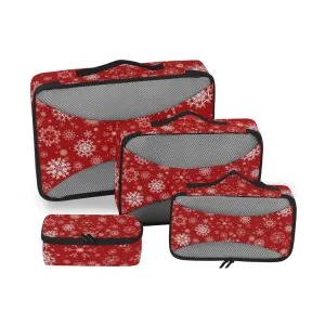 Seamless Christmas and New Year Festive White Snowflakes on Red 4 Set Packing Cubes, Travel Packing Organizers, 600D Oxford Cloth Toiletry Storage Bag, Luggage Mesh Bags for Accessories
