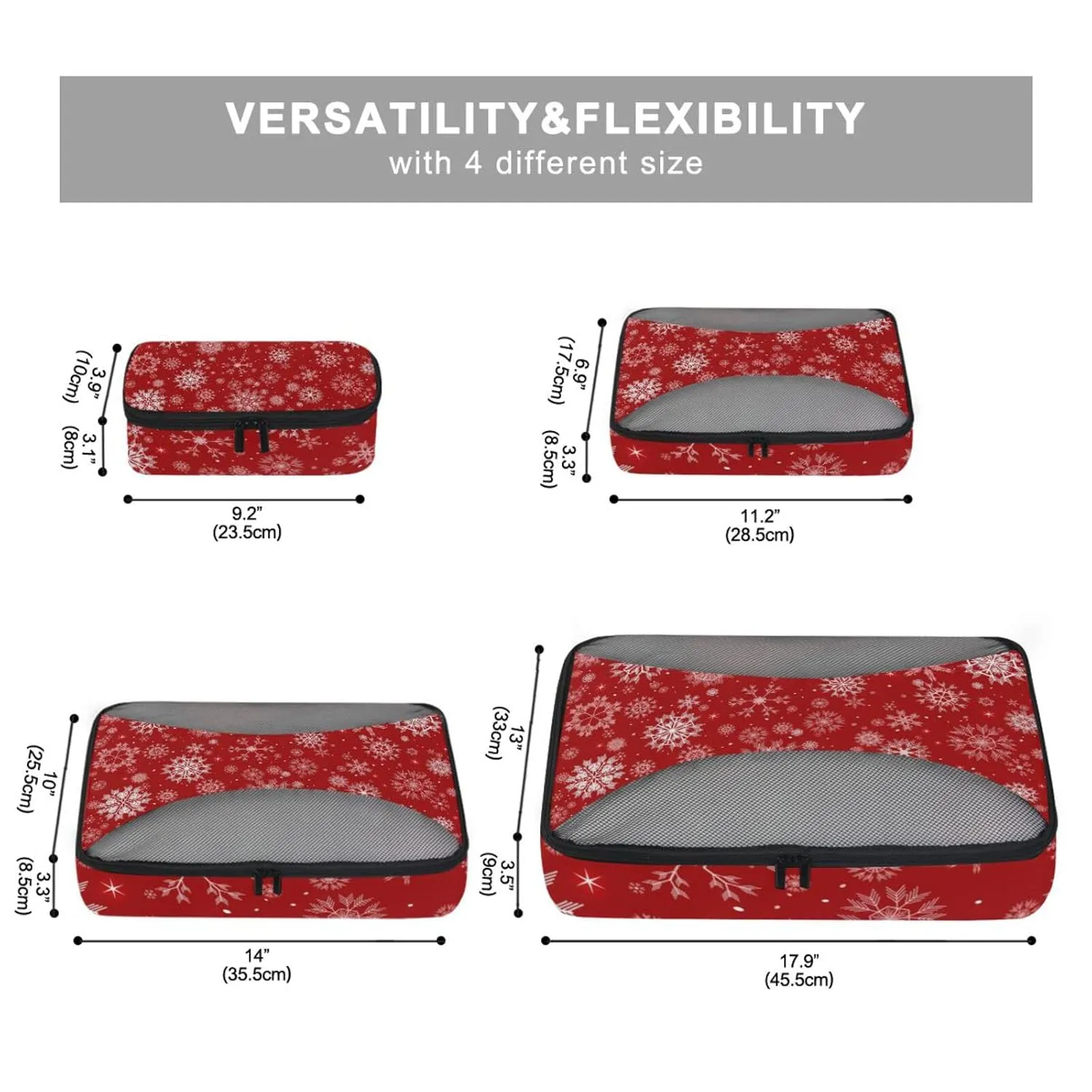 Seamless Christmas and New Year Festive White Snowflakes on Red 4 Set Packing Cubes, Travel Packing Organizers, 600D Oxford Cloth Toiletry Storage Bag, Luggage Mesh Bags for Accessories