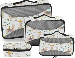 Seamless Cute Beige Tribal Ethnic llamas on White 4 PCs Set Packing Bags, Luggage Organizer Bag, Portable Cube Toiletry bag, Durable Travel Cosmetic Storage Bag for Men Women