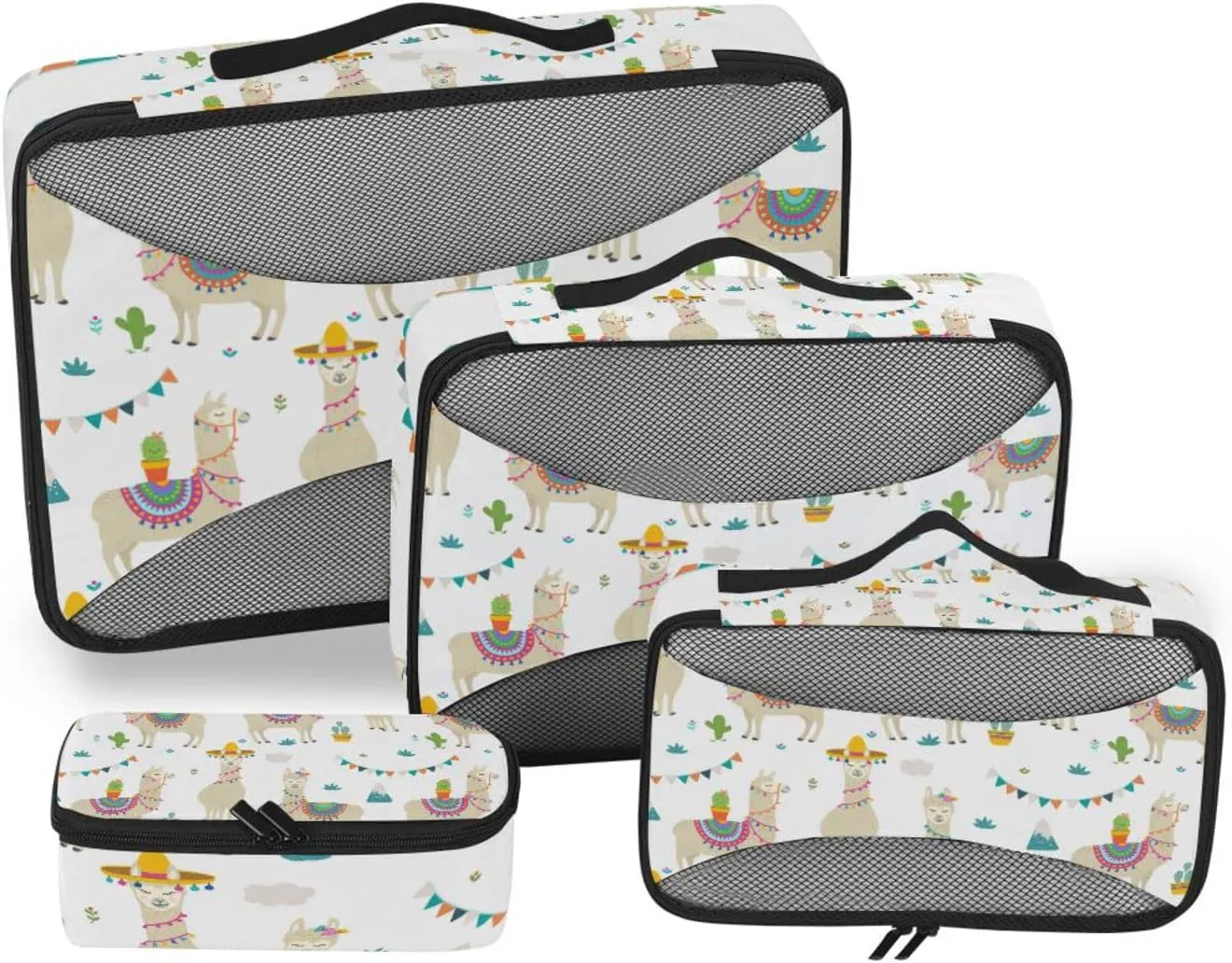 Seamless Cute Beige Tribal Ethnic llamas on White 4 PCs Set Packing Bags, Luggage Organizer Bag, Portable Cube Toiletry bag, Durable Travel Cosmetic Storage Bag for Men Women