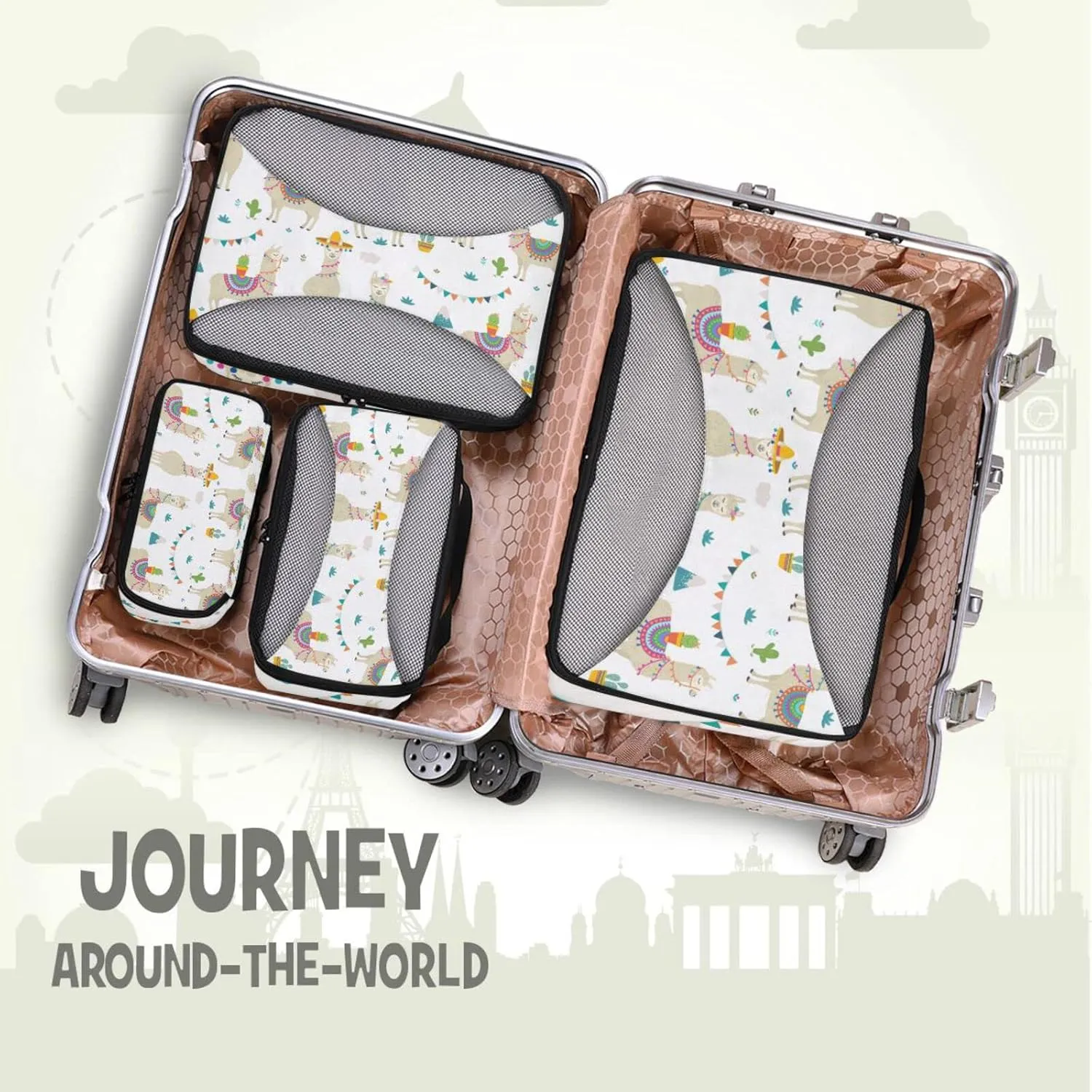 Seamless Cute Beige Tribal Ethnic llamas on White 4 PCs Set Packing Bags, Luggage Organizer Bag, Portable Cube Toiletry bag, Durable Travel Cosmetic Storage Bag for Men Women