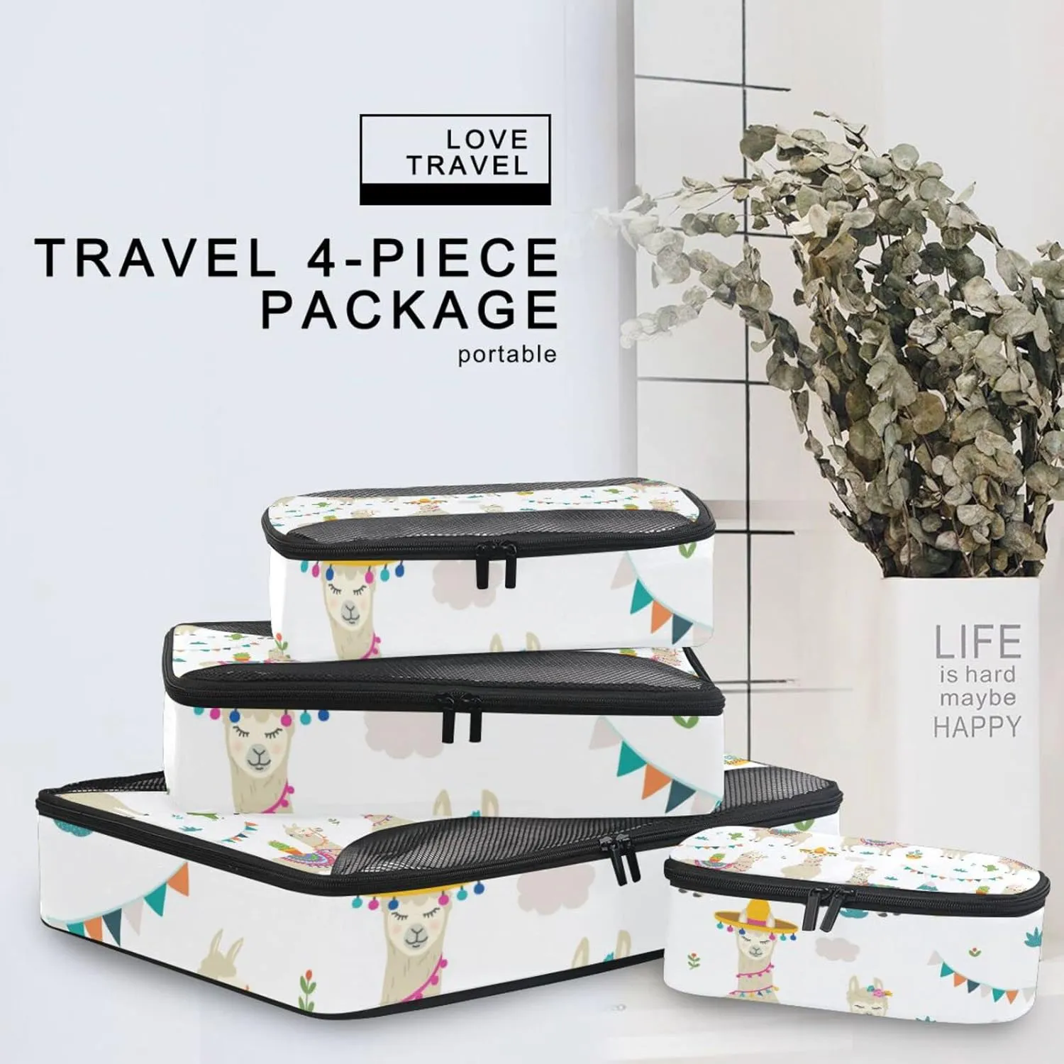 Seamless Cute Beige Tribal Ethnic llamas on White 4 PCs Set Packing Bags, Luggage Organizer Bag, Portable Cube Toiletry bag, Durable Travel Cosmetic Storage Bag for Men Women