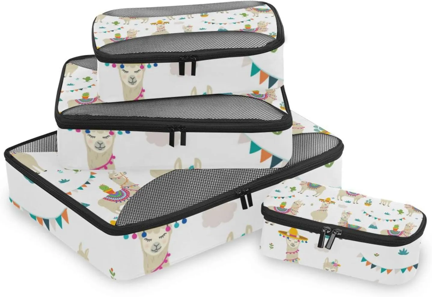 Seamless Cute Beige Tribal Ethnic llamas on White 4 PCs Set Packing Bags, Luggage Organizer Bag, Portable Cube Toiletry bag, Durable Travel Cosmetic Storage Bag for Men Women