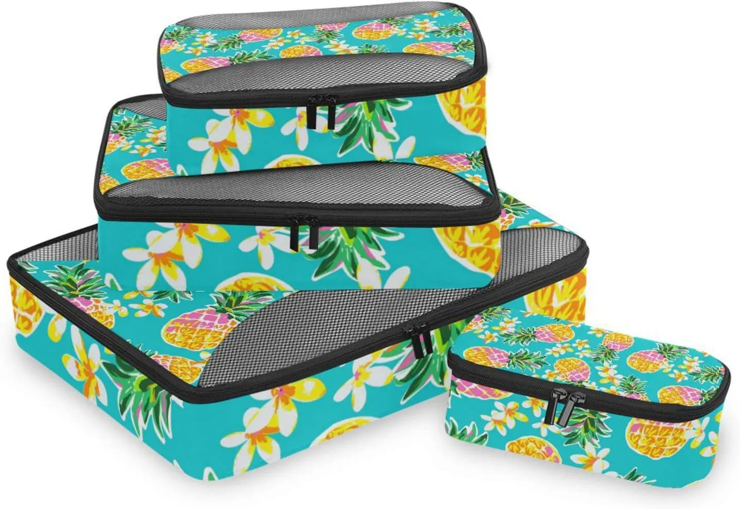 Seamless Fashion Pineapples Tropical Flowers on Turquoise 4 PCs Set Packing Bags, Luggage Organizer Bag, Portable Cube Toiletry bag, Durable Travel Cosmetic Storage Bag for Men Women