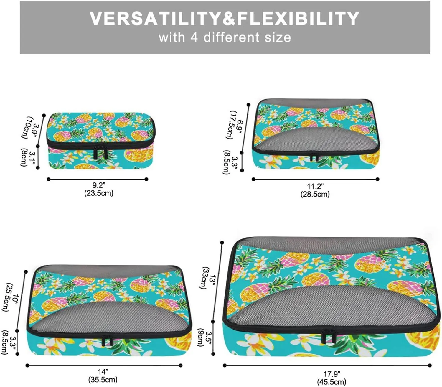 Seamless Fashion Pineapples Tropical Flowers on Turquoise 4 PCs Set Packing Bags, Luggage Organizer Bag, Portable Cube Toiletry bag, Durable Travel Cosmetic Storage Bag for Men Women