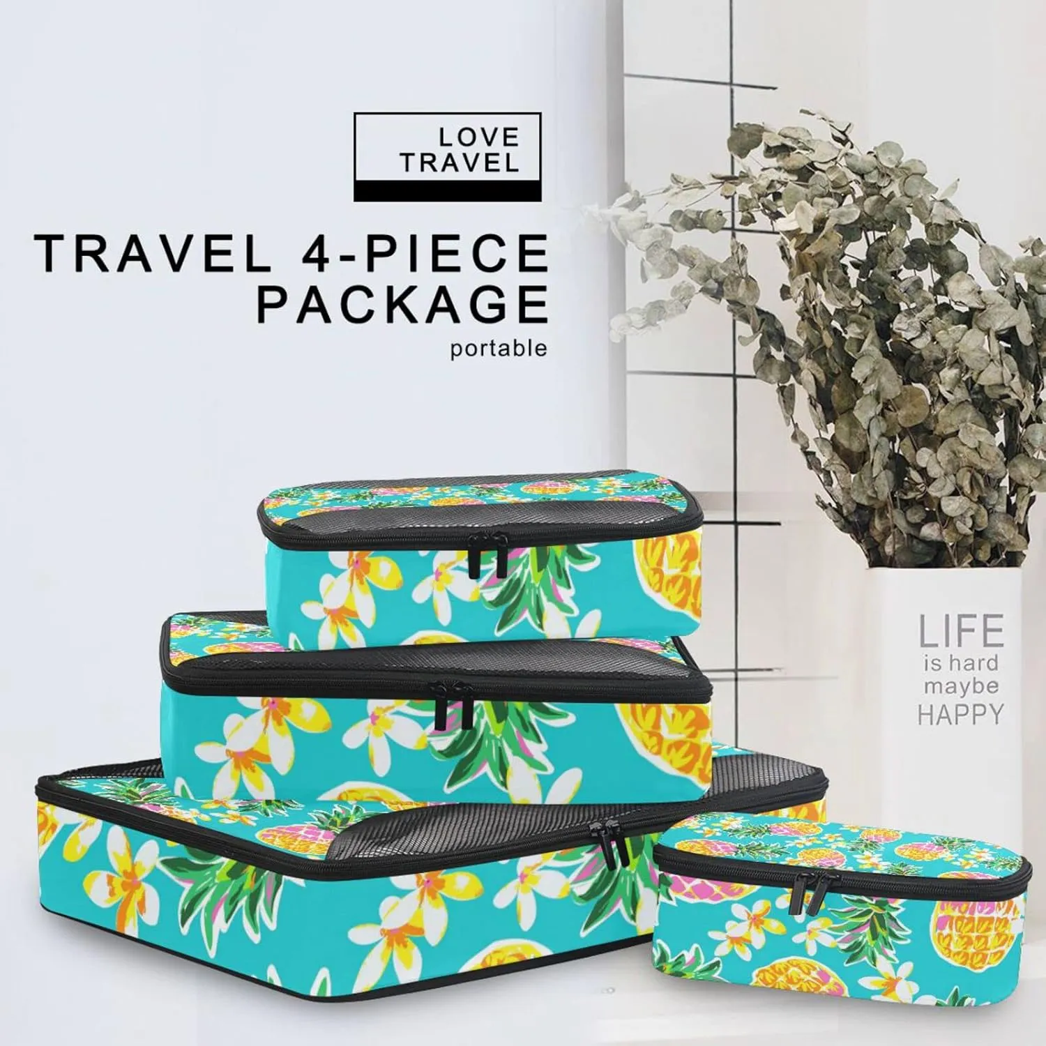 Seamless Fashion Pineapples Tropical Flowers on Turquoise 4 PCs Set Packing Bags, Luggage Organizer Bag, Portable Cube Toiletry bag, Durable Travel Cosmetic Storage Bag for Men Women