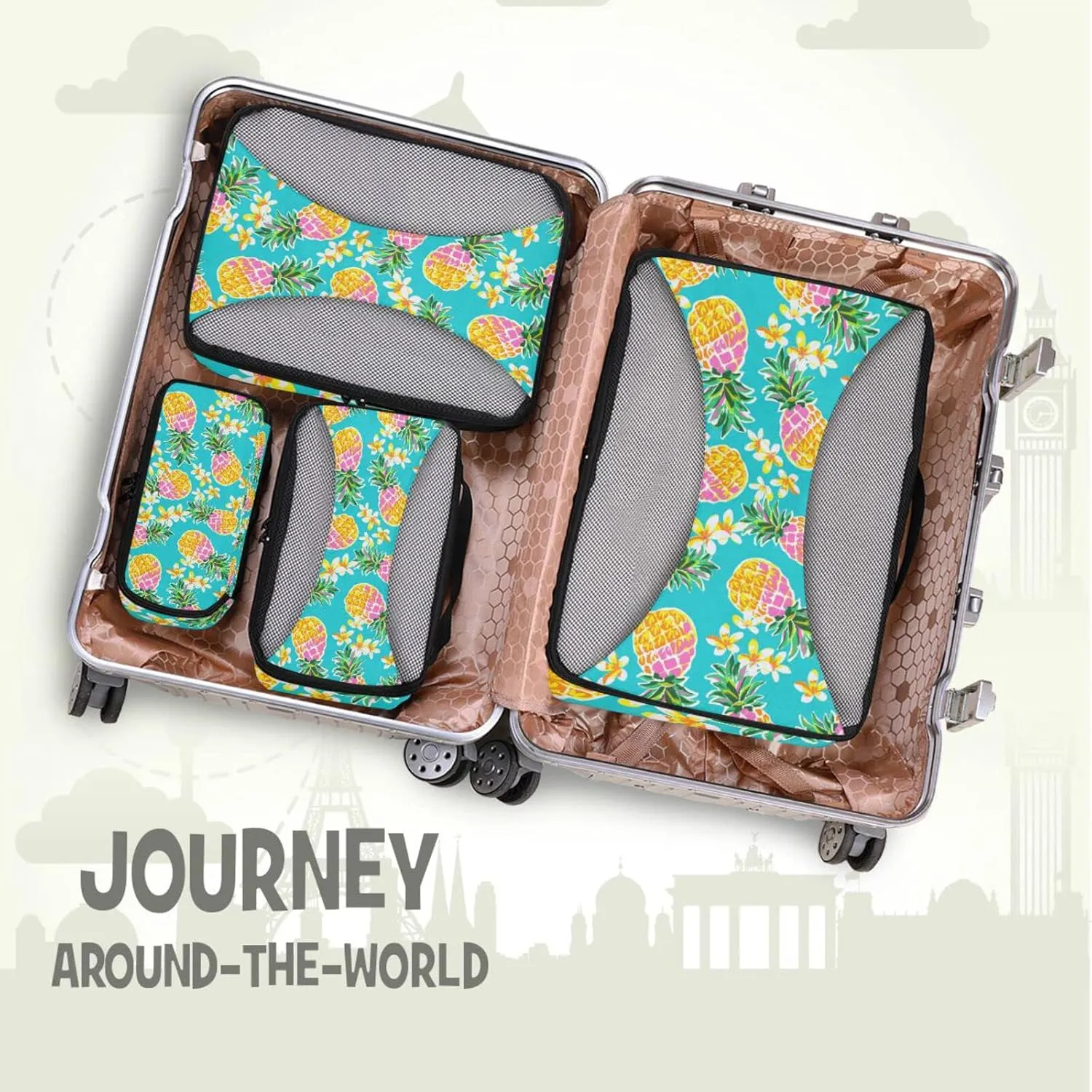 Seamless Fashion Pineapples Tropical Flowers on Turquoise 4 PCs Set Packing Bags, Luggage Organizer Bag, Portable Cube Toiletry bag, Durable Travel Cosmetic Storage Bag for Men Women