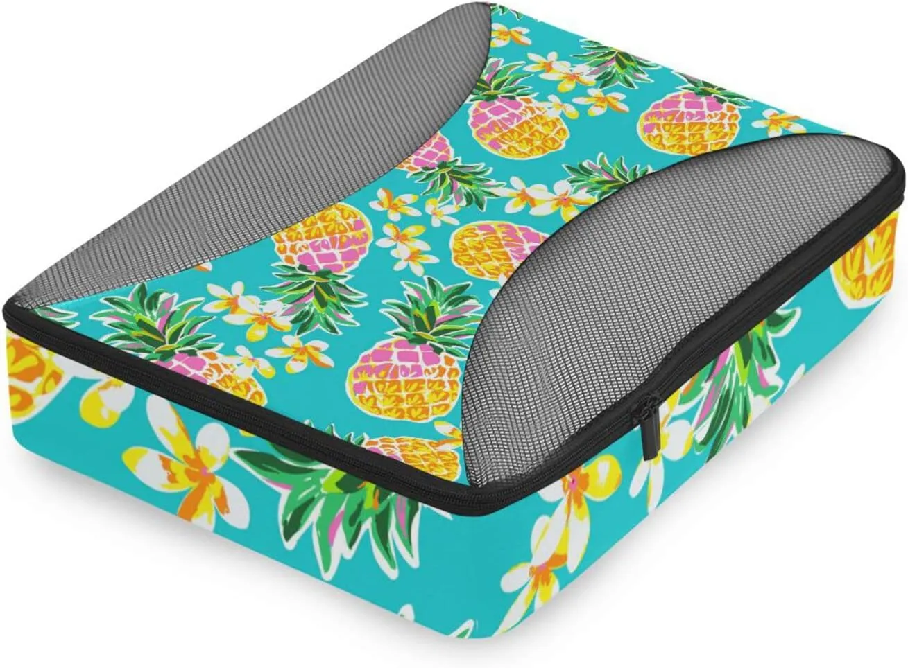 Seamless Fashion Pineapples Tropical Flowers on Turquoise 4 PCs Set Packing Bags, Luggage Organizer Bag, Portable Cube Toiletry bag, Durable Travel Cosmetic Storage Bag for Men Women