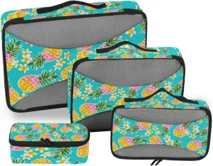 Seamless Fashion Pineapples Tropical Flowers on Turquoise 4 PCs Set Packing Bags, Luggage Organizer Bag, Portable Cube Toiletry bag, Durable Travel Cosmetic Storage Bag for Men Women
