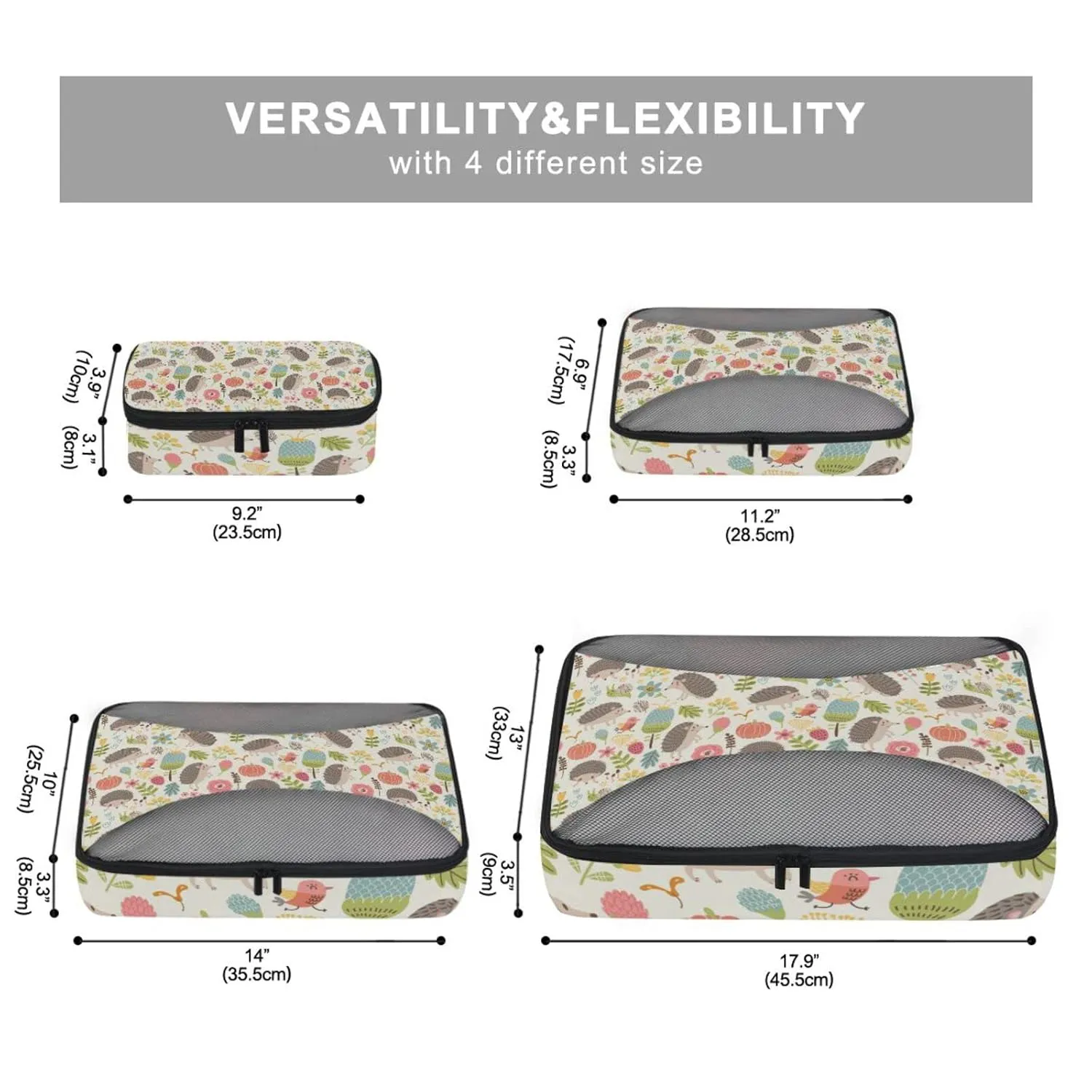 Seamless Forest Hedgehogs Herbs with Flowers Green Leaves Snails 4 Set Packing Cubes, Travel Packing Organizers, 600D Oxford Cloth Toiletry Storage Bag, Luggage Mesh Bags for Accessories