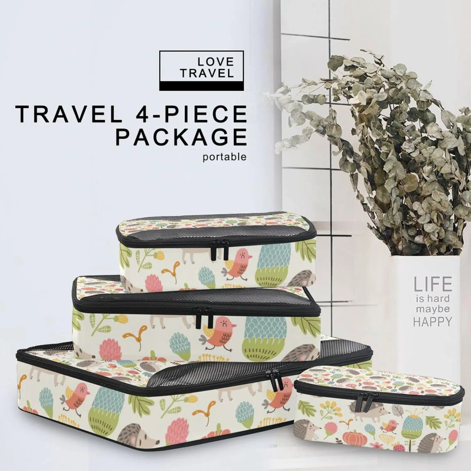Seamless Forest Hedgehogs Herbs with Flowers Green Leaves Snails 4 Set Packing Cubes, Travel Packing Organizers, 600D Oxford Cloth Toiletry Storage Bag, Luggage Mesh Bags for Accessories
