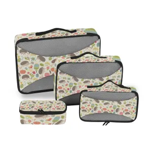 Seamless Forest Hedgehogs Herbs with Flowers Green Leaves Snails 4 Set Packing Cubes, Travel Packing Organizers, 600D Oxford Cloth Toiletry Storage Bag, Luggage Mesh Bags for Accessories