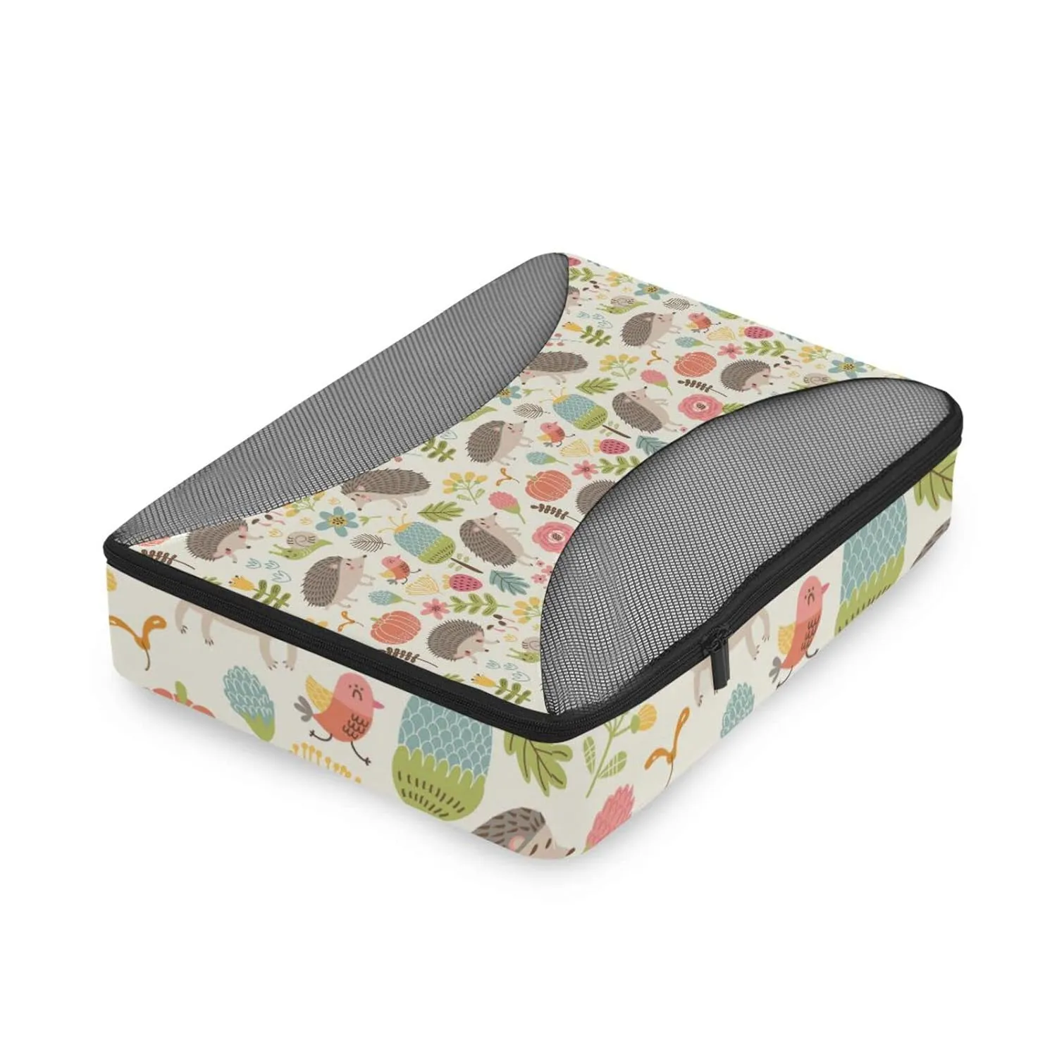 Seamless Forest Hedgehogs Herbs with Flowers Green Leaves Snails 4 Set Packing Cubes, Travel Packing Organizers, 600D Oxford Cloth Toiletry Storage Bag, Luggage Mesh Bags for Accessories