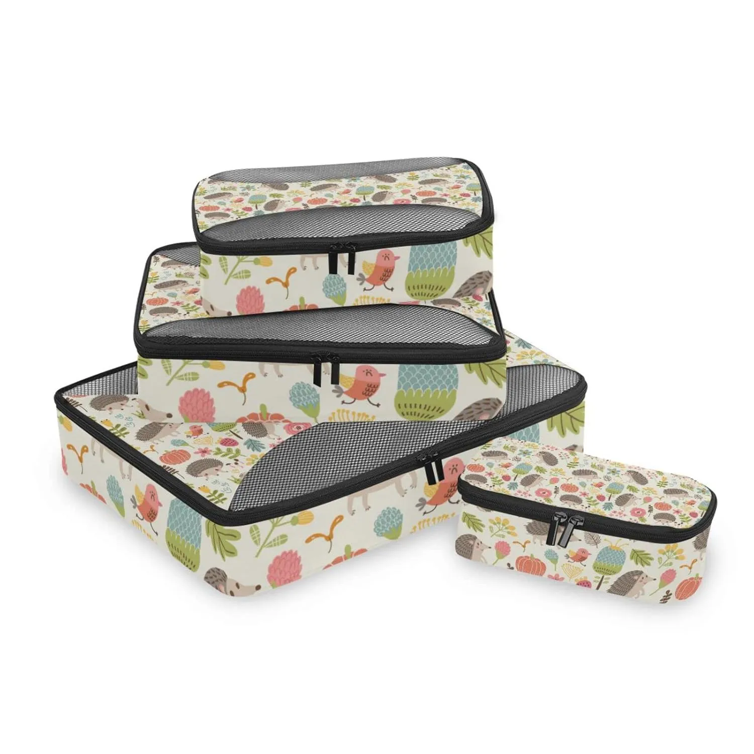Seamless Forest Hedgehogs Herbs with Flowers Green Leaves Snails 4 Set Packing Cubes, Travel Packing Organizers, 600D Oxford Cloth Toiletry Storage Bag, Luggage Mesh Bags for Accessories
