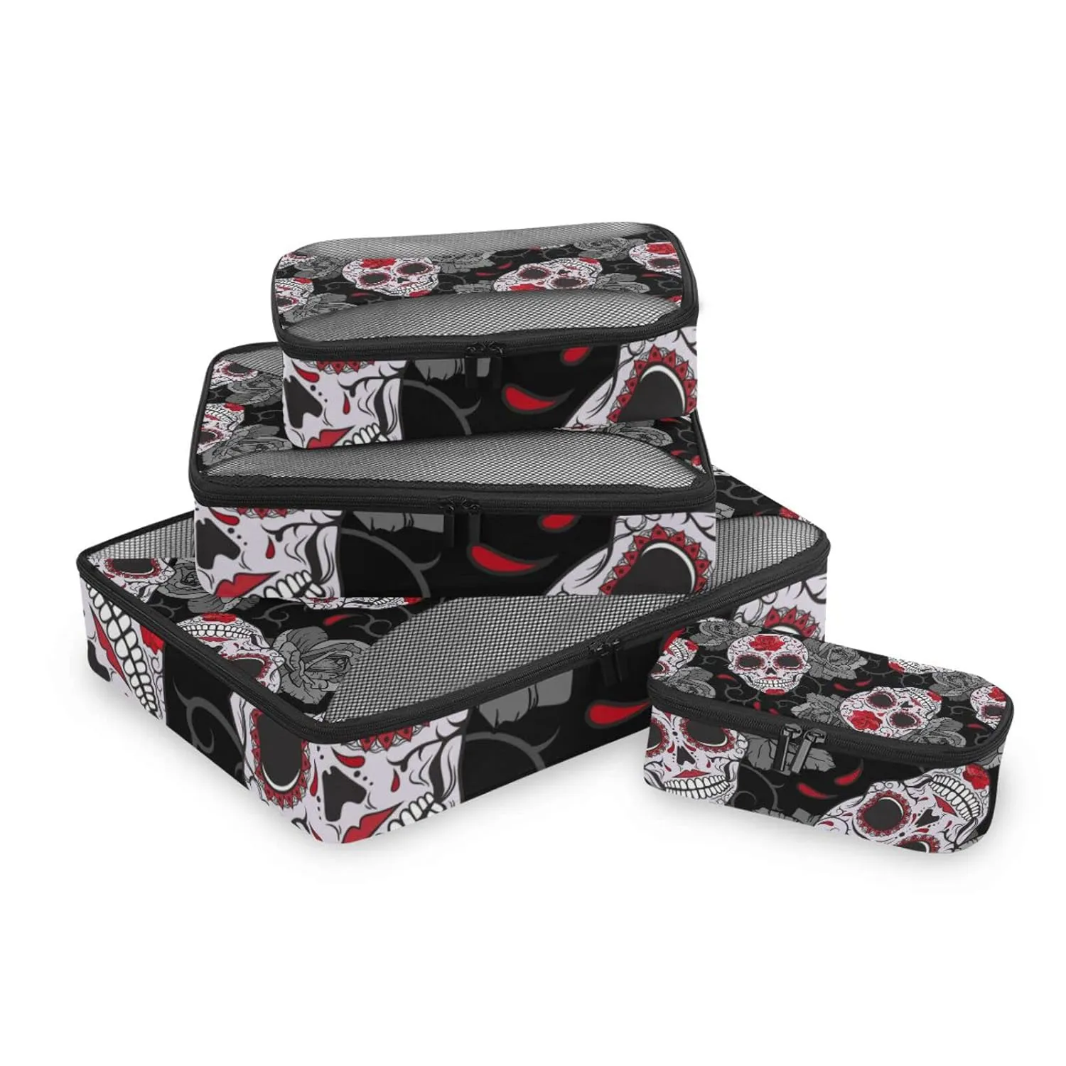 Seamless Gothic Sugar Skulls with Red Roses, Grey Roses Thorns 4 Set Packing Cubes, Travel Packing Organizers, 600D Oxford Cloth Toiletry Storage Bag, Luggage Mesh Bags for Accessories