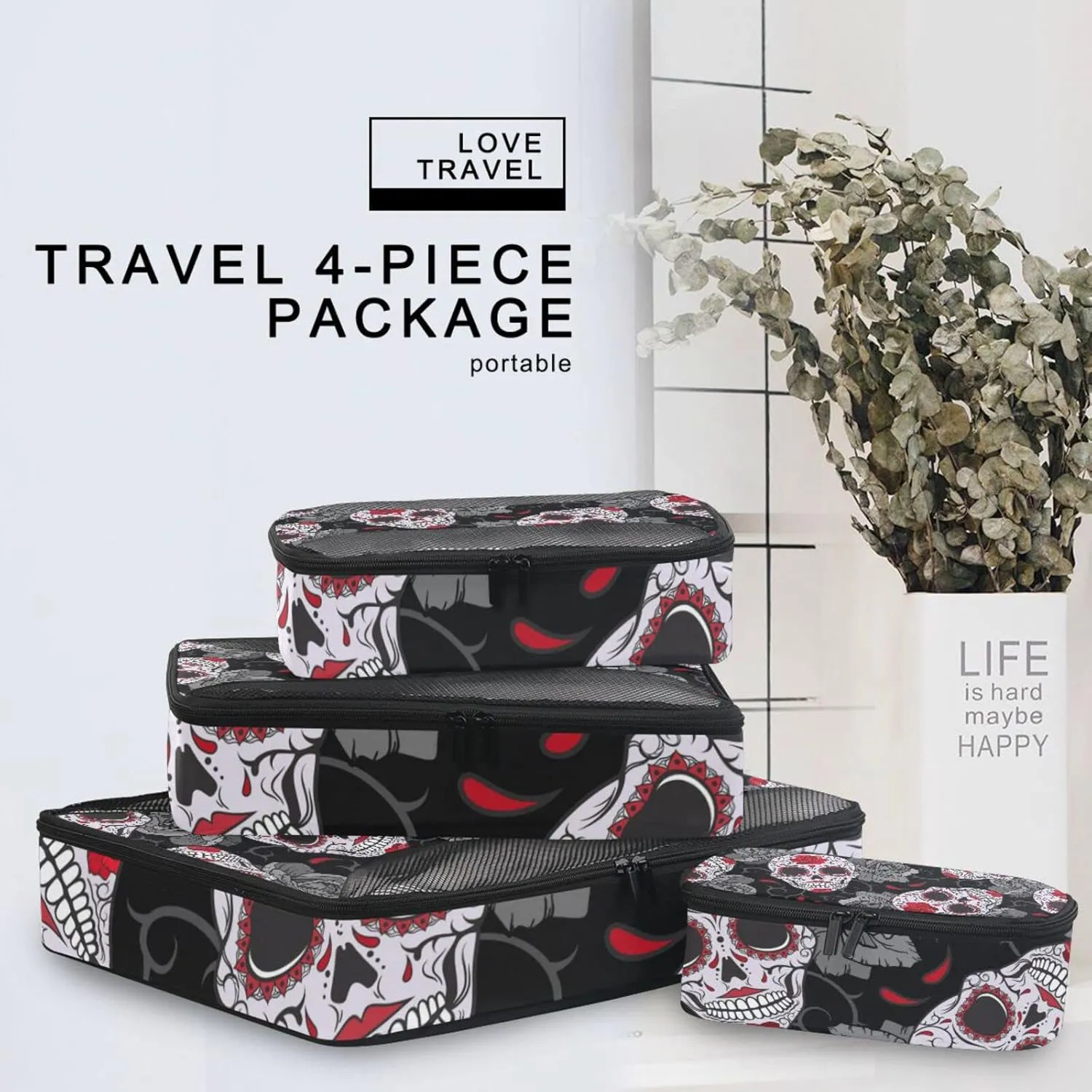 Seamless Gothic Sugar Skulls with Red Roses, Grey Roses Thorns 4 Set Packing Cubes, Travel Packing Organizers, 600D Oxford Cloth Toiletry Storage Bag, Luggage Mesh Bags for Accessories