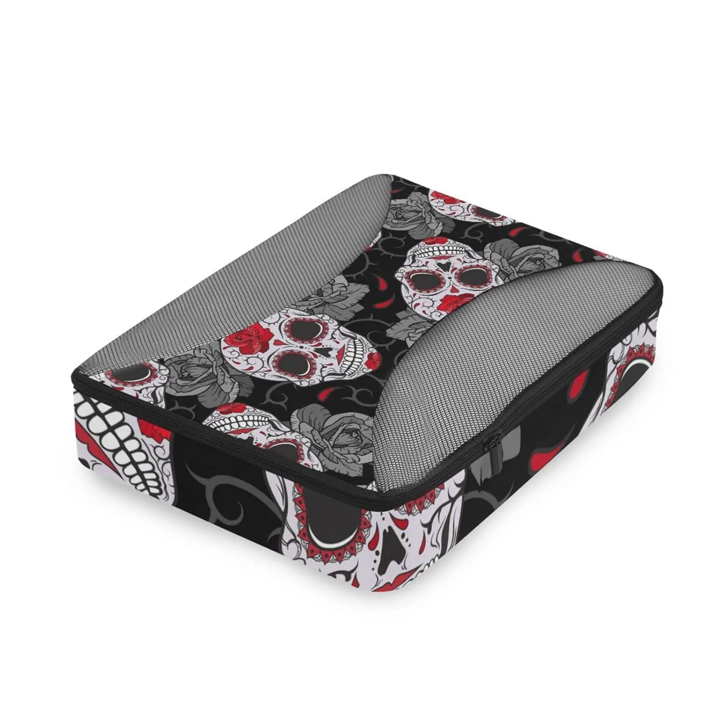 Seamless Gothic Sugar Skulls with Red Roses, Grey Roses Thorns 4 Set Packing Cubes, Travel Packing Organizers, 600D Oxford Cloth Toiletry Storage Bag, Luggage Mesh Bags for Accessories