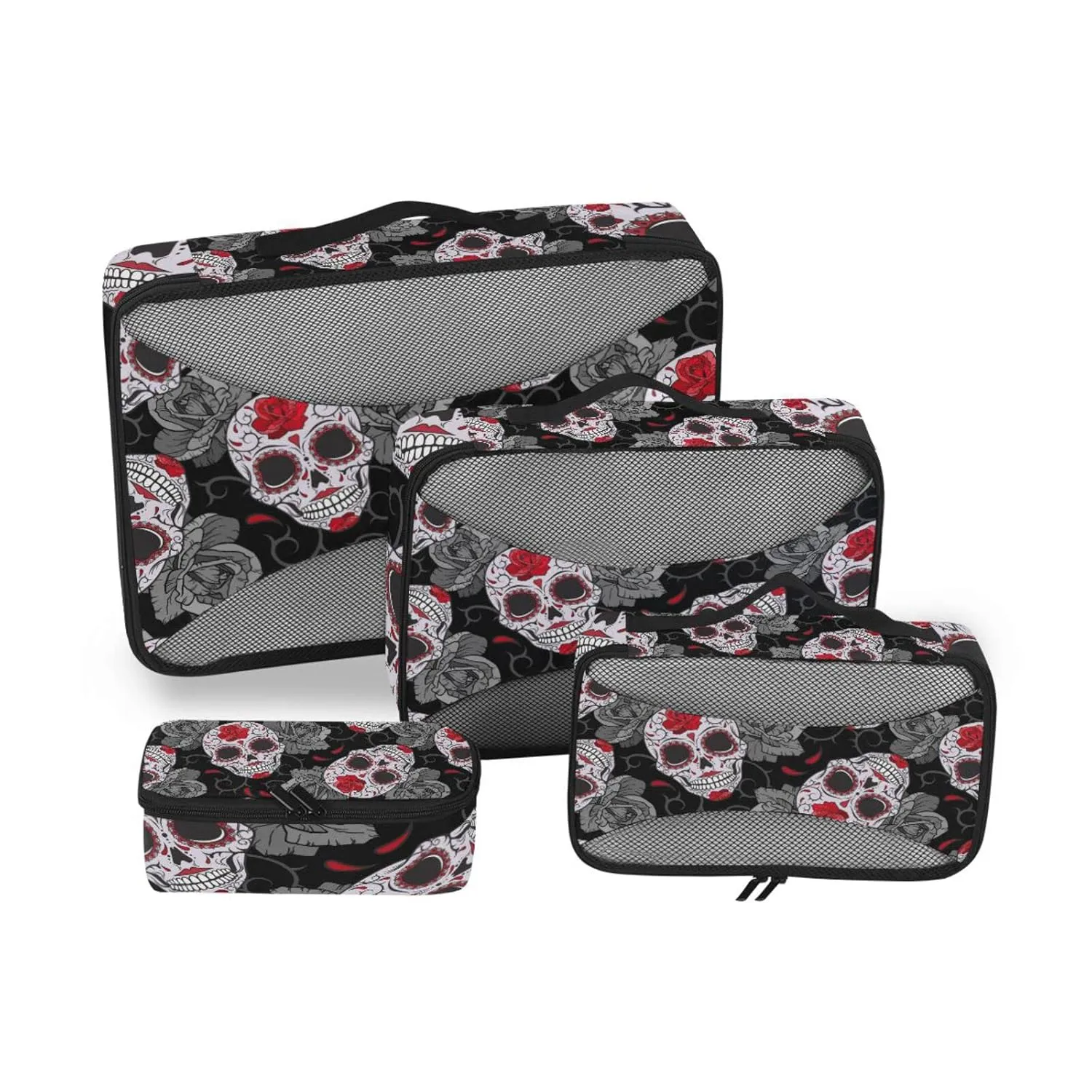 Seamless Gothic Sugar Skulls with Red Roses, Grey Roses Thorns 4 Set Packing Cubes, Travel Packing Organizers, 600D Oxford Cloth Toiletry Storage Bag, Luggage Mesh Bags for Accessories