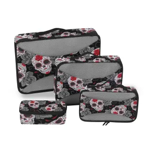 Seamless Gothic Sugar Skulls with Red Roses, Grey Roses Thorns 4 Set Packing Cubes, Travel Packing Organizers, 600D Oxford Cloth Toiletry Storage Bag, Luggage Mesh Bags for Accessories