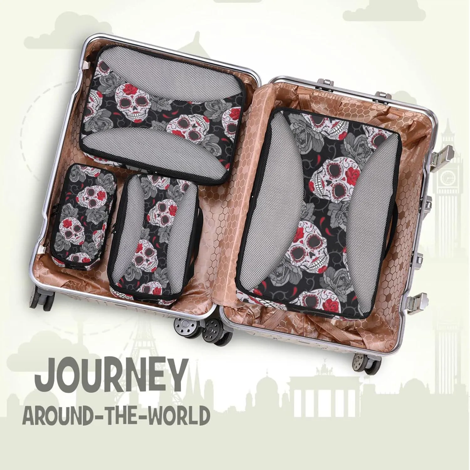 Seamless Gothic Sugar Skulls with Red Roses, Grey Roses Thorns 4 Set Packing Cubes, Travel Packing Organizers, 600D Oxford Cloth Toiletry Storage Bag, Luggage Mesh Bags for Accessories
