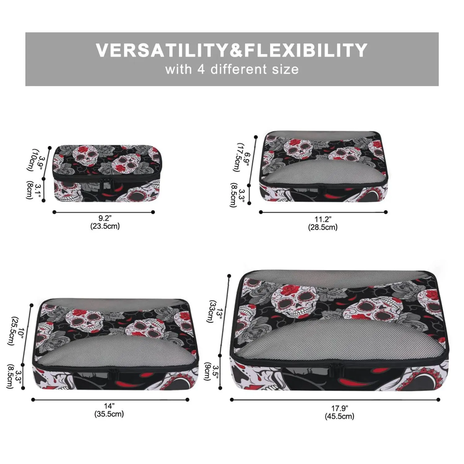 Seamless Gothic Sugar Skulls with Red Roses, Grey Roses Thorns 4 Set Packing Cubes, Travel Packing Organizers, 600D Oxford Cloth Toiletry Storage Bag, Luggage Mesh Bags for Accessories