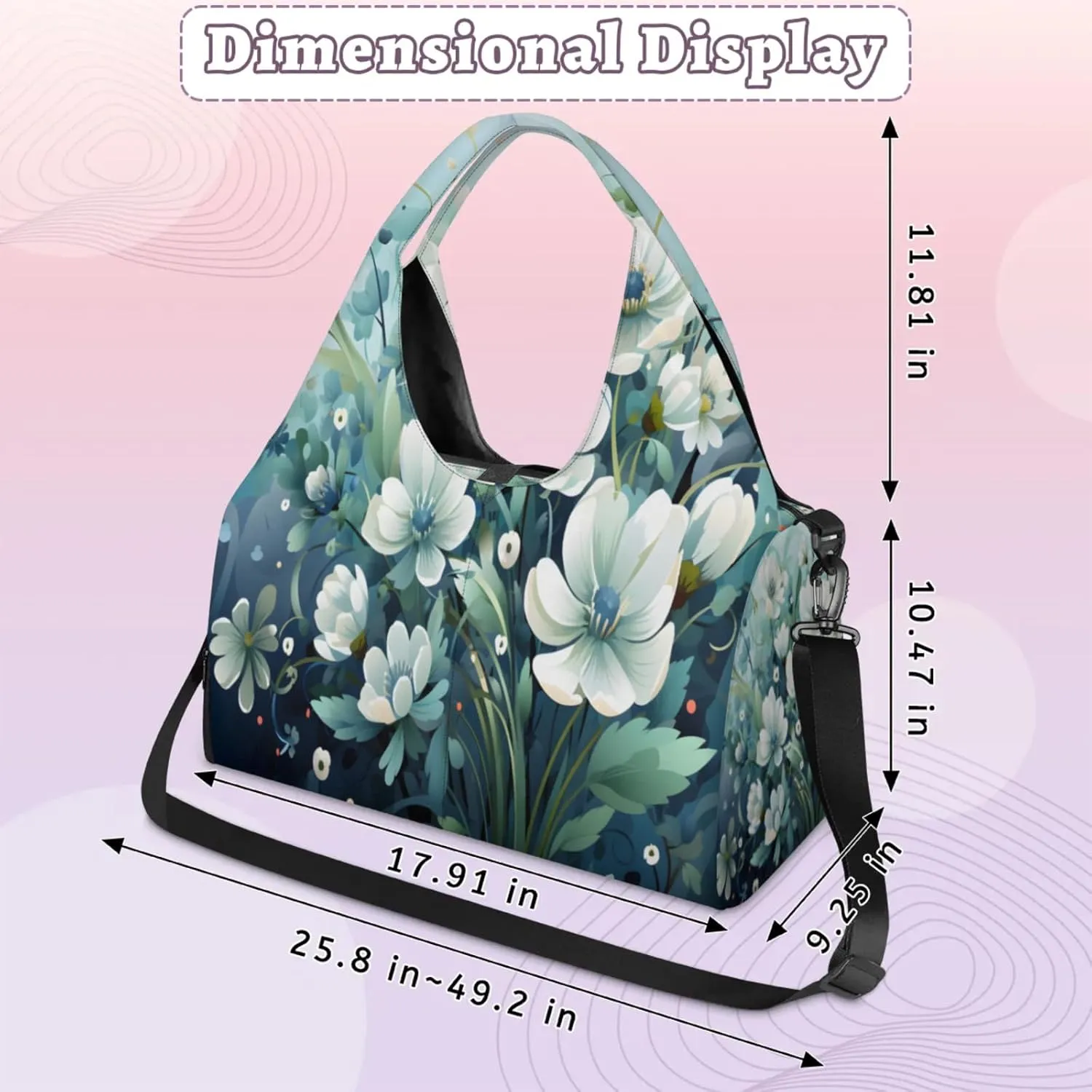 Serene Blue Blooms Waterproof Gym Bag for Men Women, Sports Duffel Bag with Shoe Compartment Yoga Mat Holder, Portable Large Travel Bag for Fitness, Camping, Weekend Trips