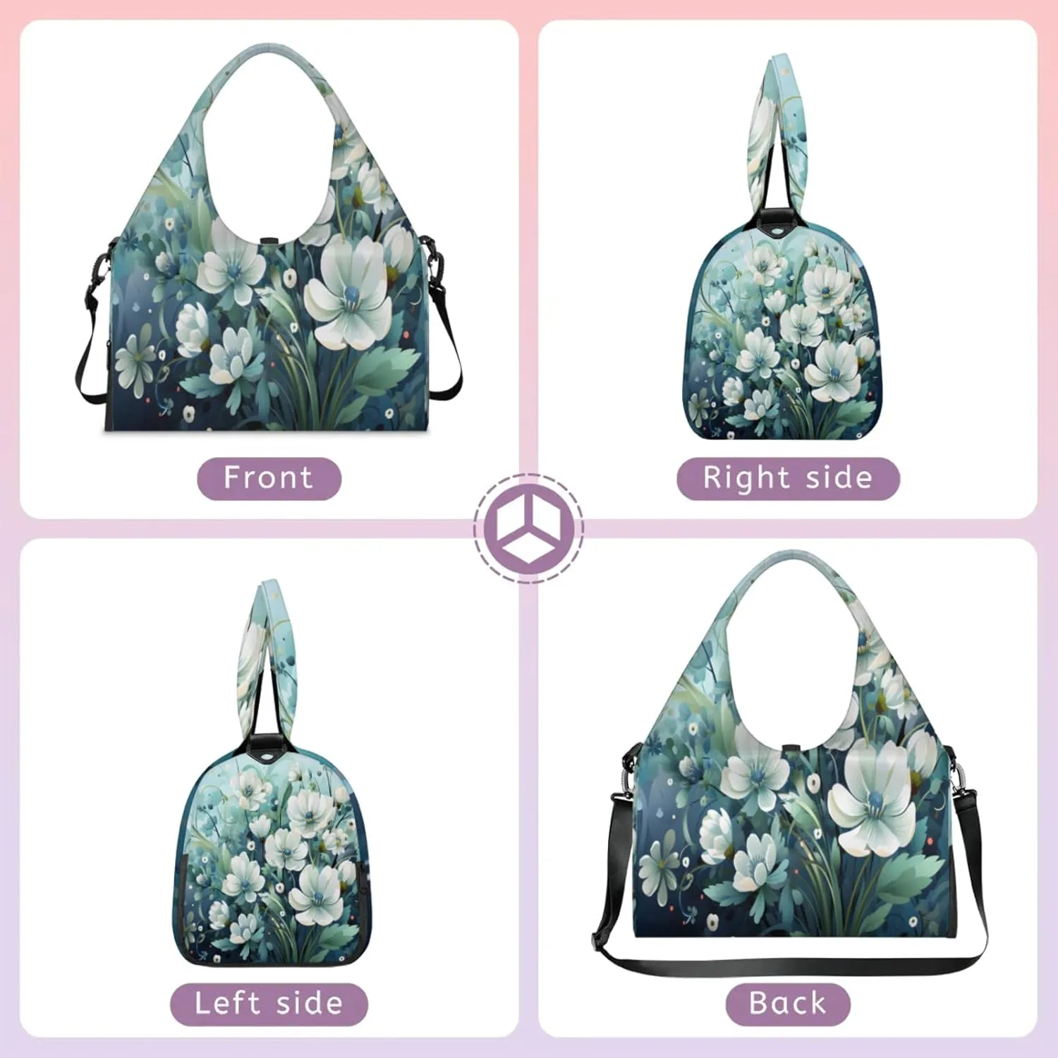 Serene Blue Blooms Waterproof Gym Bag for Men Women, Sports Duffel Bag with Shoe Compartment Yoga Mat Holder, Portable Large Travel Bag for Fitness, Camping, Weekend Trips