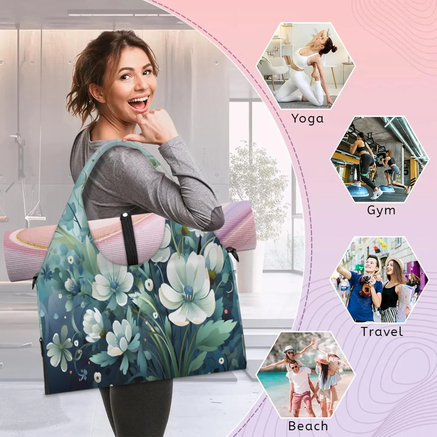 Serene Blue Blooms Waterproof Gym Bag for Men Women, Sports Duffel Bag with Shoe Compartment Yoga Mat Holder, Portable Large Travel Bag for Fitness, Camping, Weekend Trips