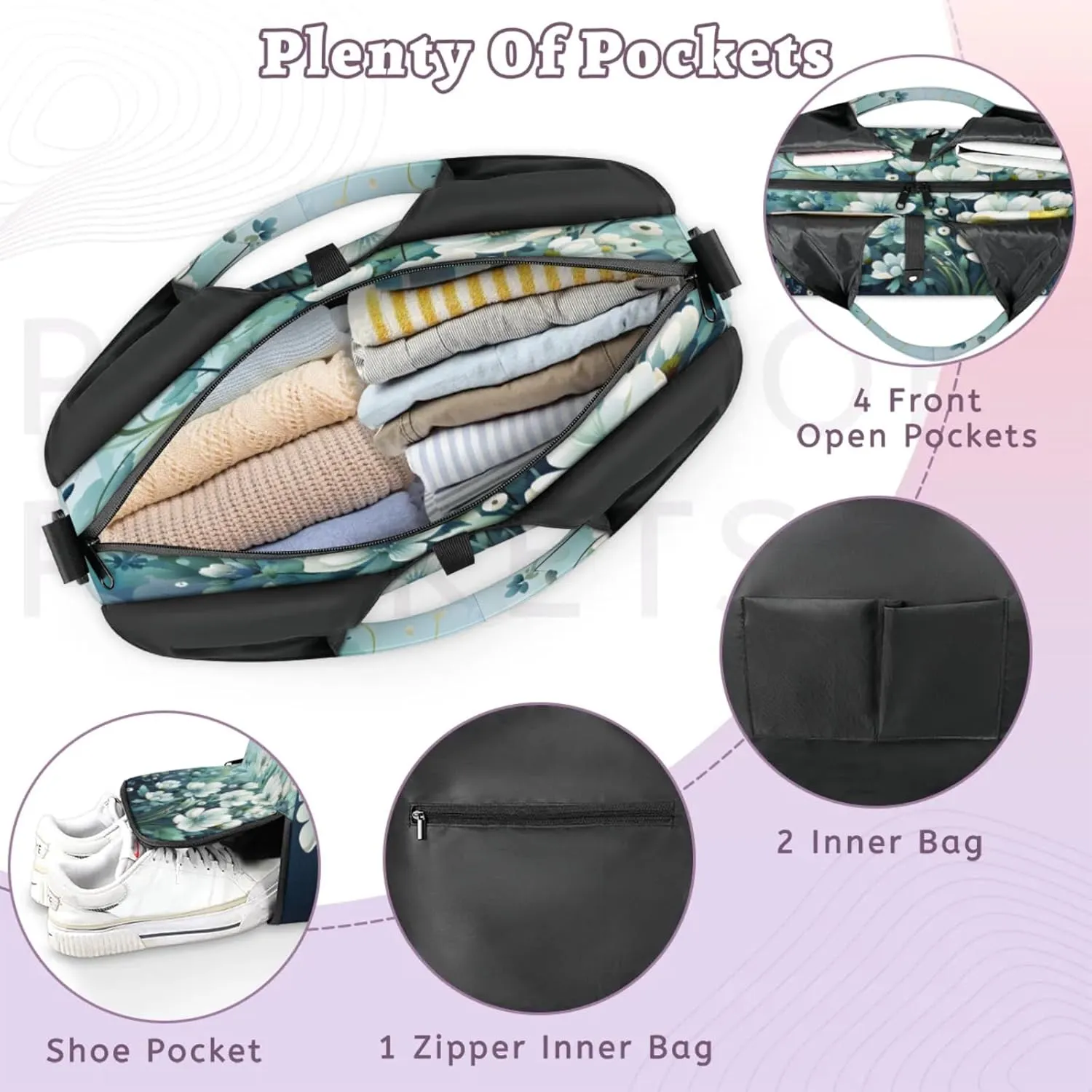 Serene Blue Blooms Waterproof Gym Bag for Men Women, Sports Duffel Bag with Shoe Compartment Yoga Mat Holder, Portable Large Travel Bag for Fitness, Camping, Weekend Trips