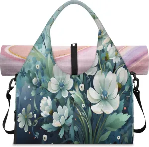 Serene Blue Blooms Waterproof Gym Bag for Men Women, Sports Duffel Bag with Shoe Compartment Yoga Mat Holder, Portable Large Travel Bag for Fitness, Camping, Weekend Trips