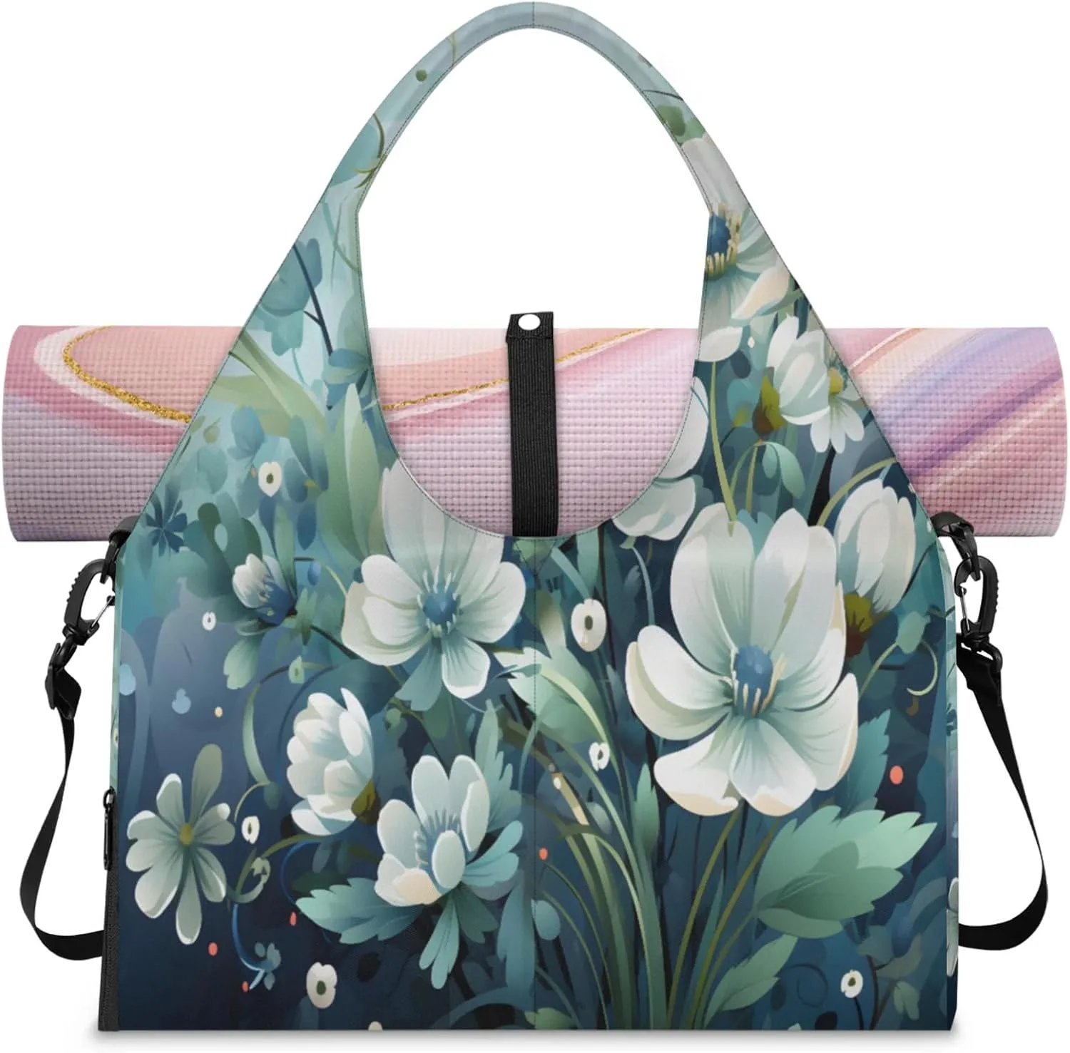 Serene Blue Blooms Waterproof Gym Bag for Men Women, Sports Duffel Bag with Shoe Compartment Yoga Mat Holder, Portable Large Travel Bag for Fitness, Camping, Weekend Trips