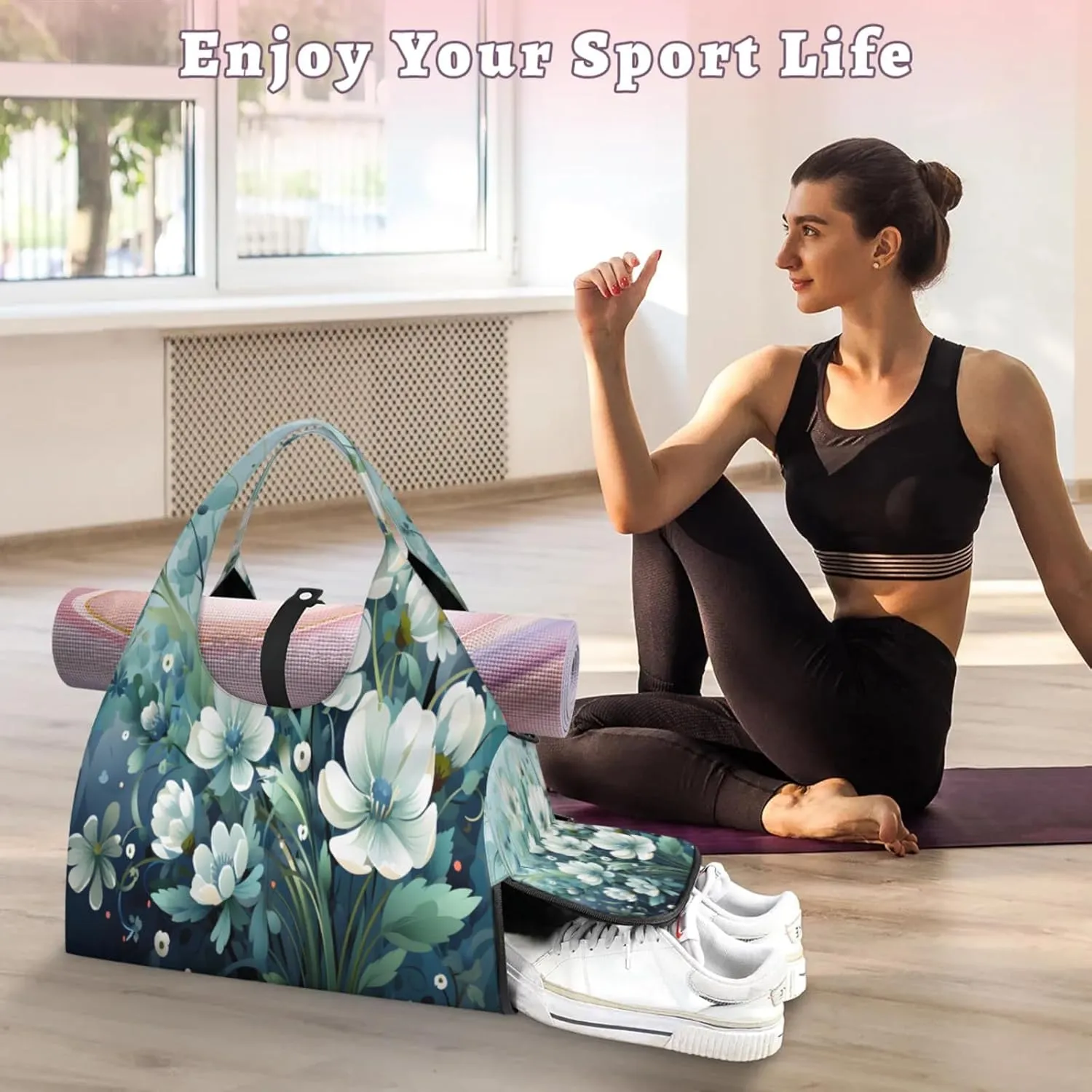 Serene Blue Blooms Waterproof Gym Bag for Men Women, Sports Duffel Bag with Shoe Compartment Yoga Mat Holder, Portable Large Travel Bag for Fitness, Camping, Weekend Trips