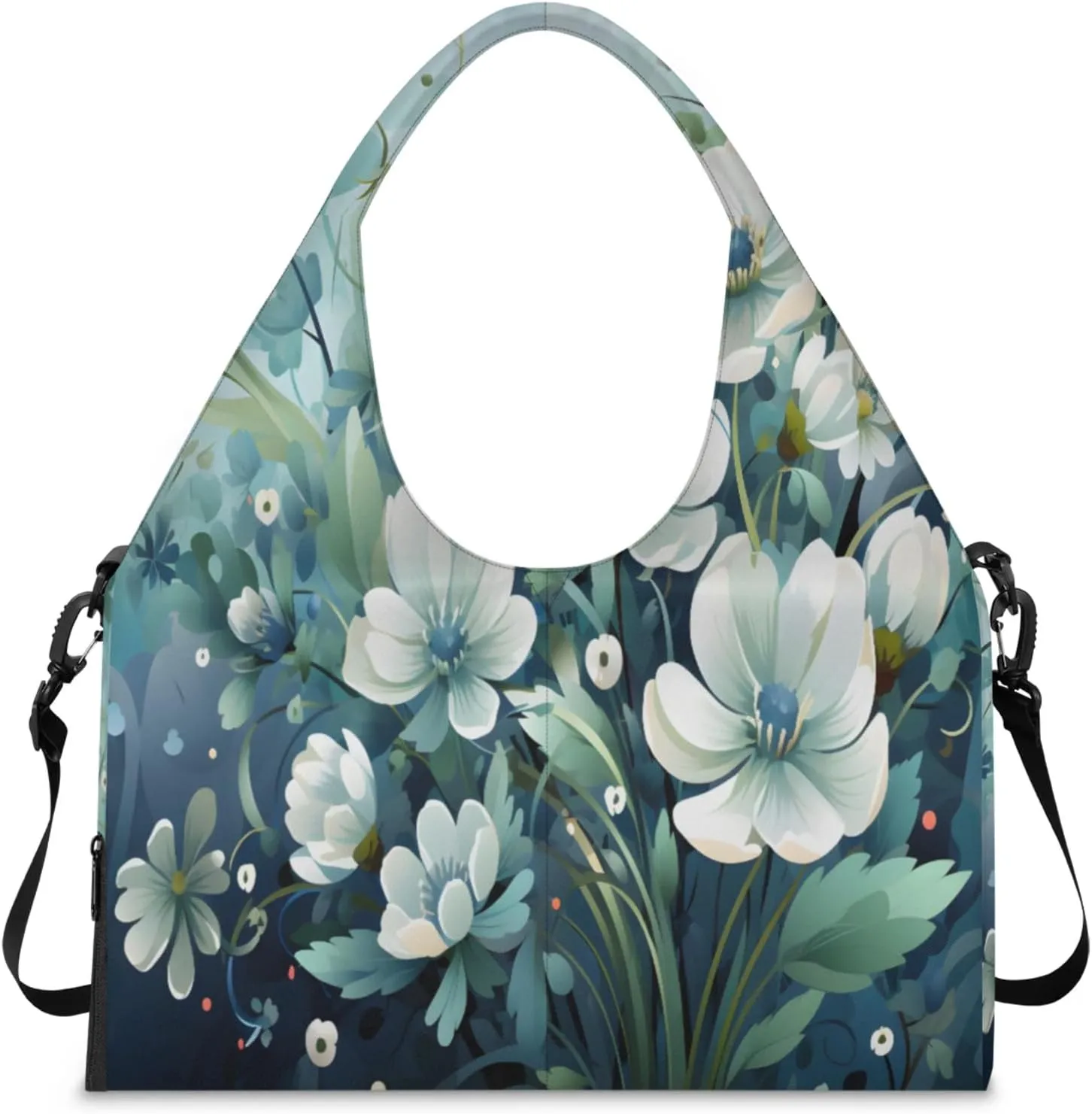 Serene Blue Blooms Waterproof Gym Bag for Men Women, Sports Duffel Bag with Shoe Compartment Yoga Mat Holder, Portable Large Travel Bag for Fitness, Camping, Weekend Trips