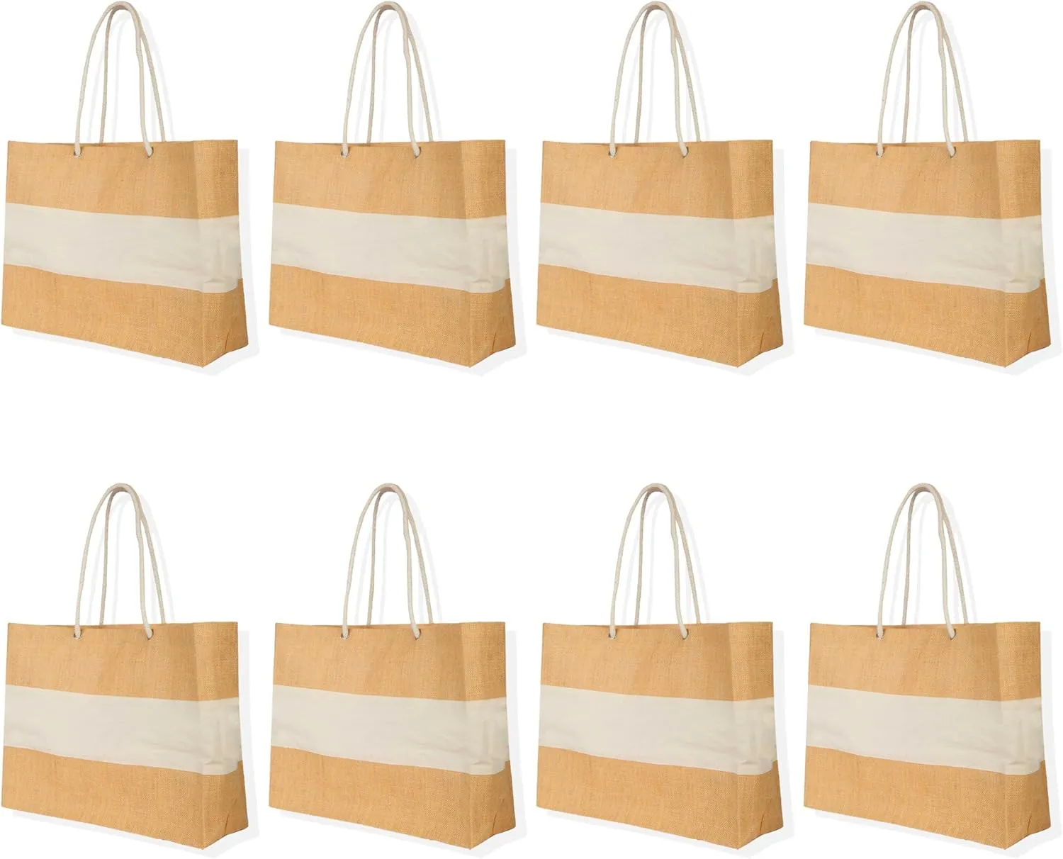 Set of 8 JUCOBEE Women’s Jute Tote Bags, Casual Handbags with Rope Handles, Reusable Grocery, Shopping, and Travel Bags, Ideal for Bridesmaid Gifts, DIY Projects, and Beach Outings., Natural