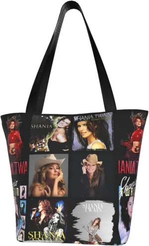 Shania Music Twain Reusable Grocery Bag for Kitchen Shopping Bags Tote Bags with Zipper for Women Stylish Daily Handbag Storage Shoulder Bag for Party
