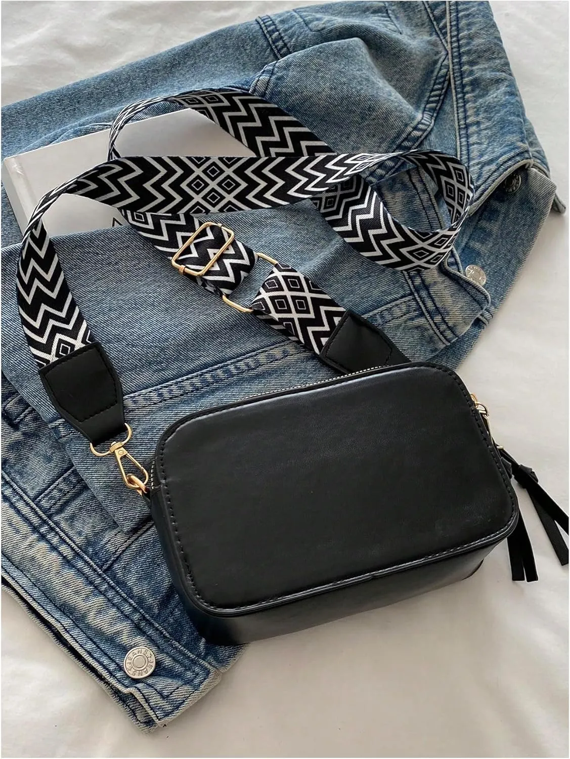 SHENHE Women's Letter Decor Crossbody Bags Double Zipper Mini Camera Bag with Geo Strap