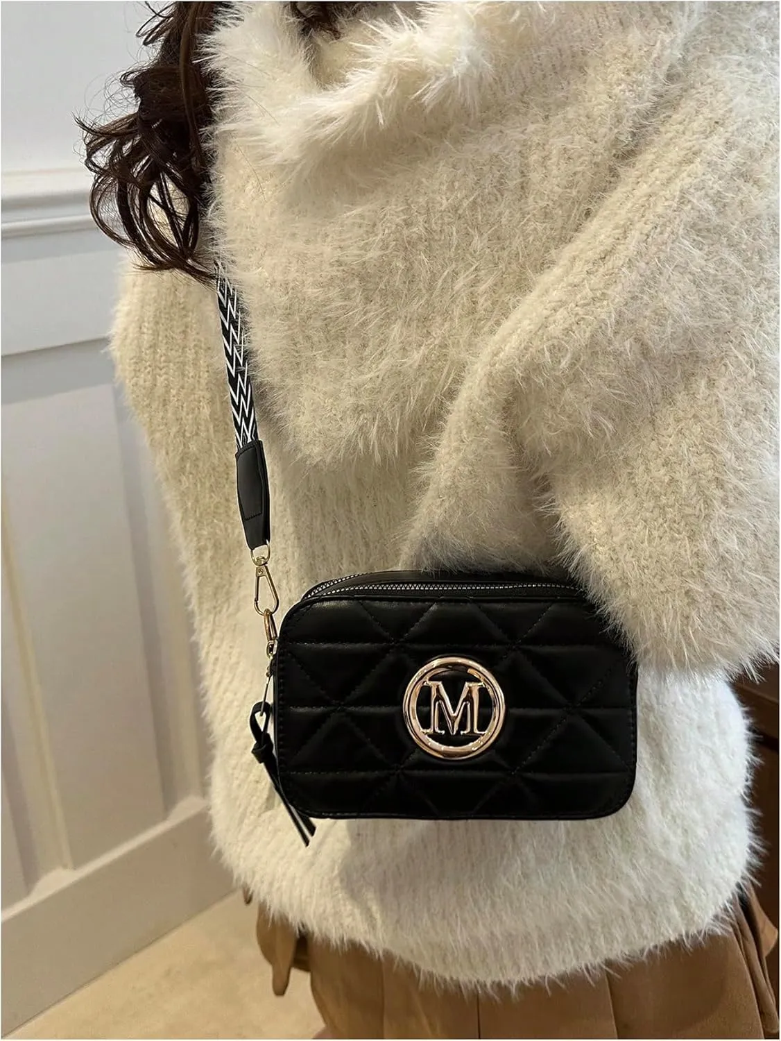 SHENHE Women's Letter Decor Crossbody Bags Double Zipper Mini Camera Bag with Geo Strap