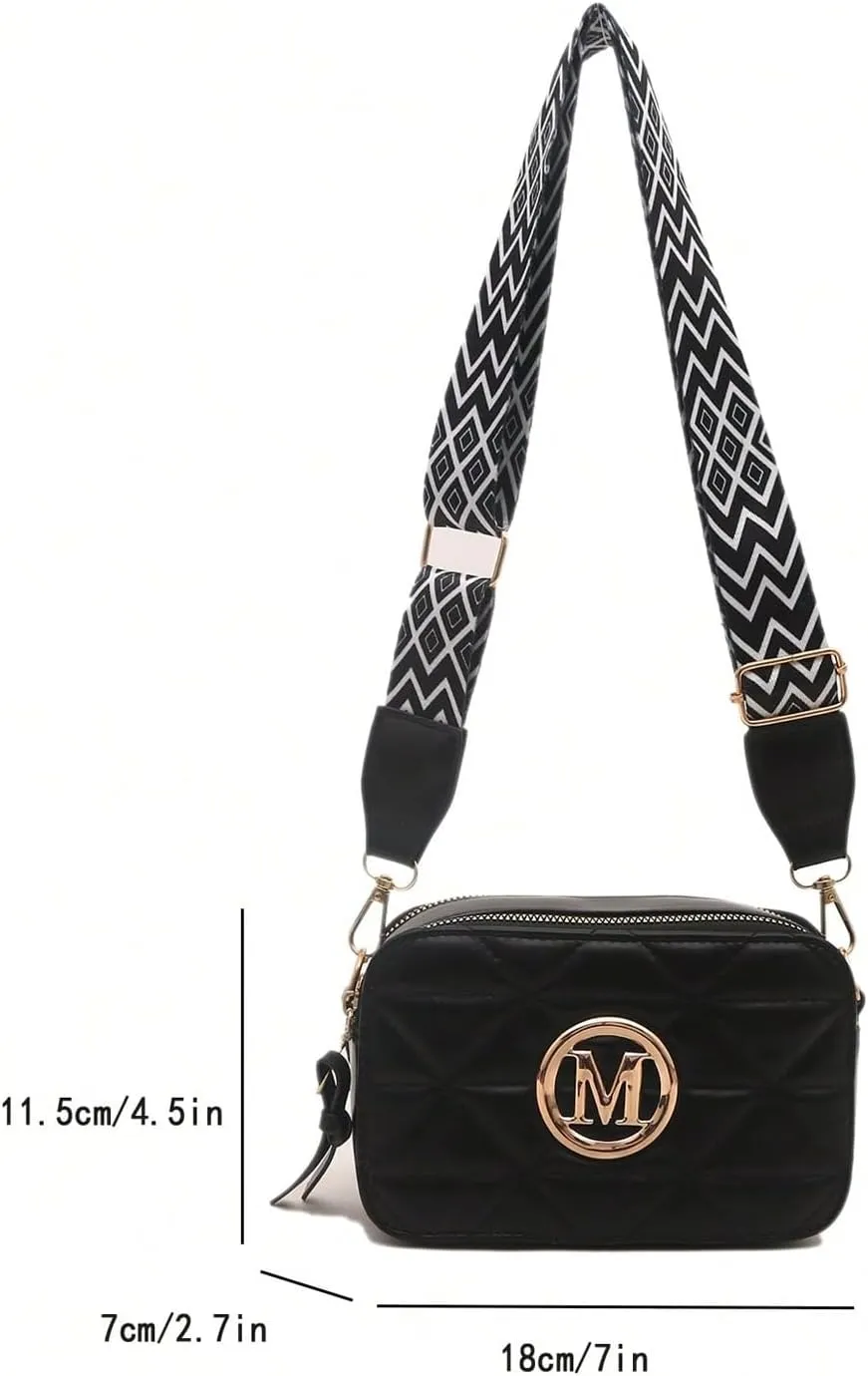SHENHE Women's Letter Decor Crossbody Bags Double Zipper Mini Camera Bag with Geo Strap