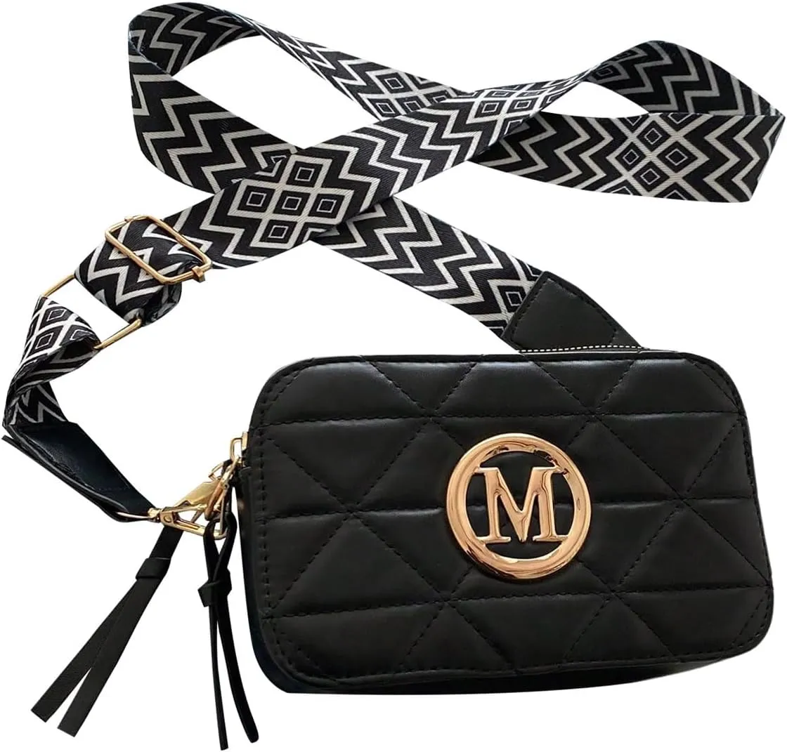 SHENHE Women's Letter Decor Crossbody Bags Double Zipper Mini Camera Bag with Geo Strap