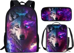 Showudesigns Galaxy Wolf Backpack with Lunch Box for Kids School Bags Lunchbag Pencil Case Set 3 in 1 Primary Elementary Book Bags Travel Back Pack Purple Star Space